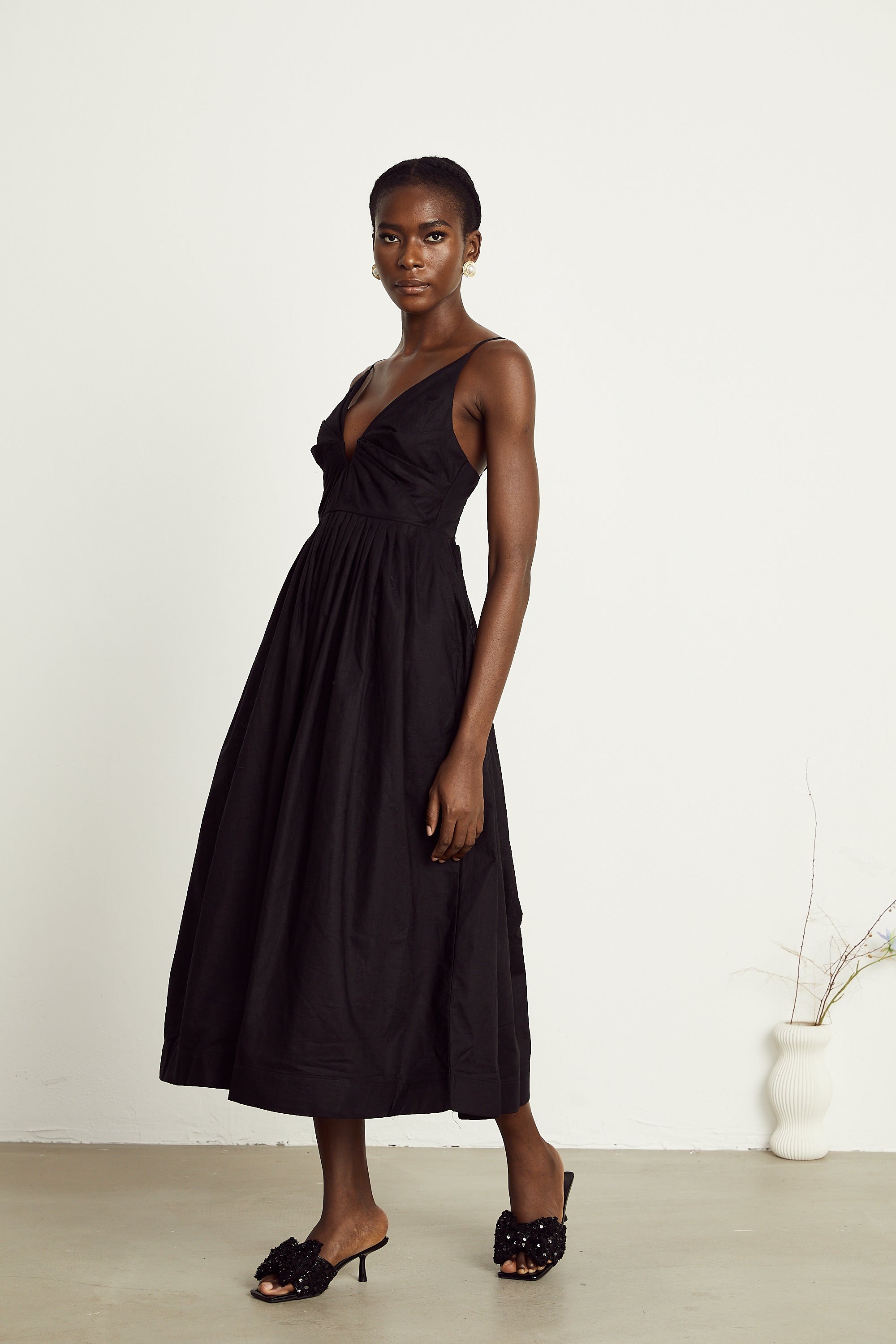 Manon black smocking pleated midi dress (US Only)