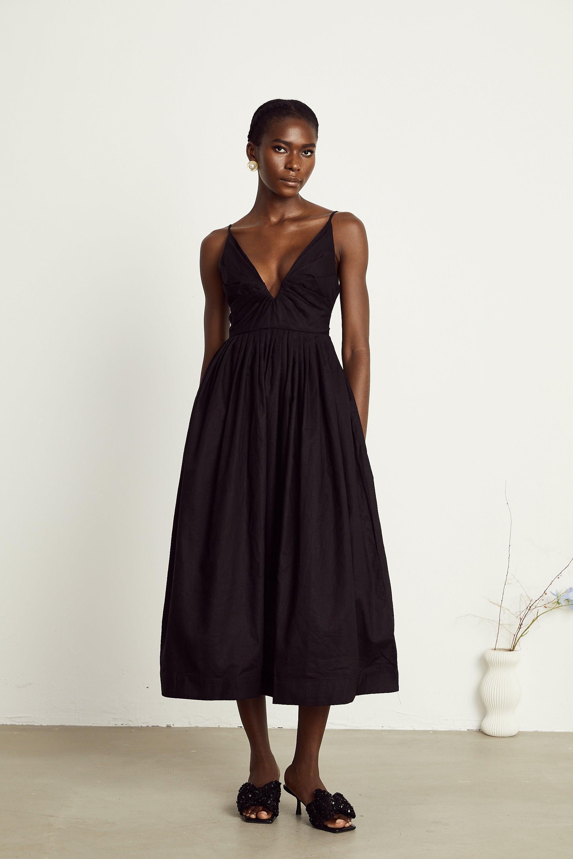 Manon black smocking pleated midi dress (US Only)
