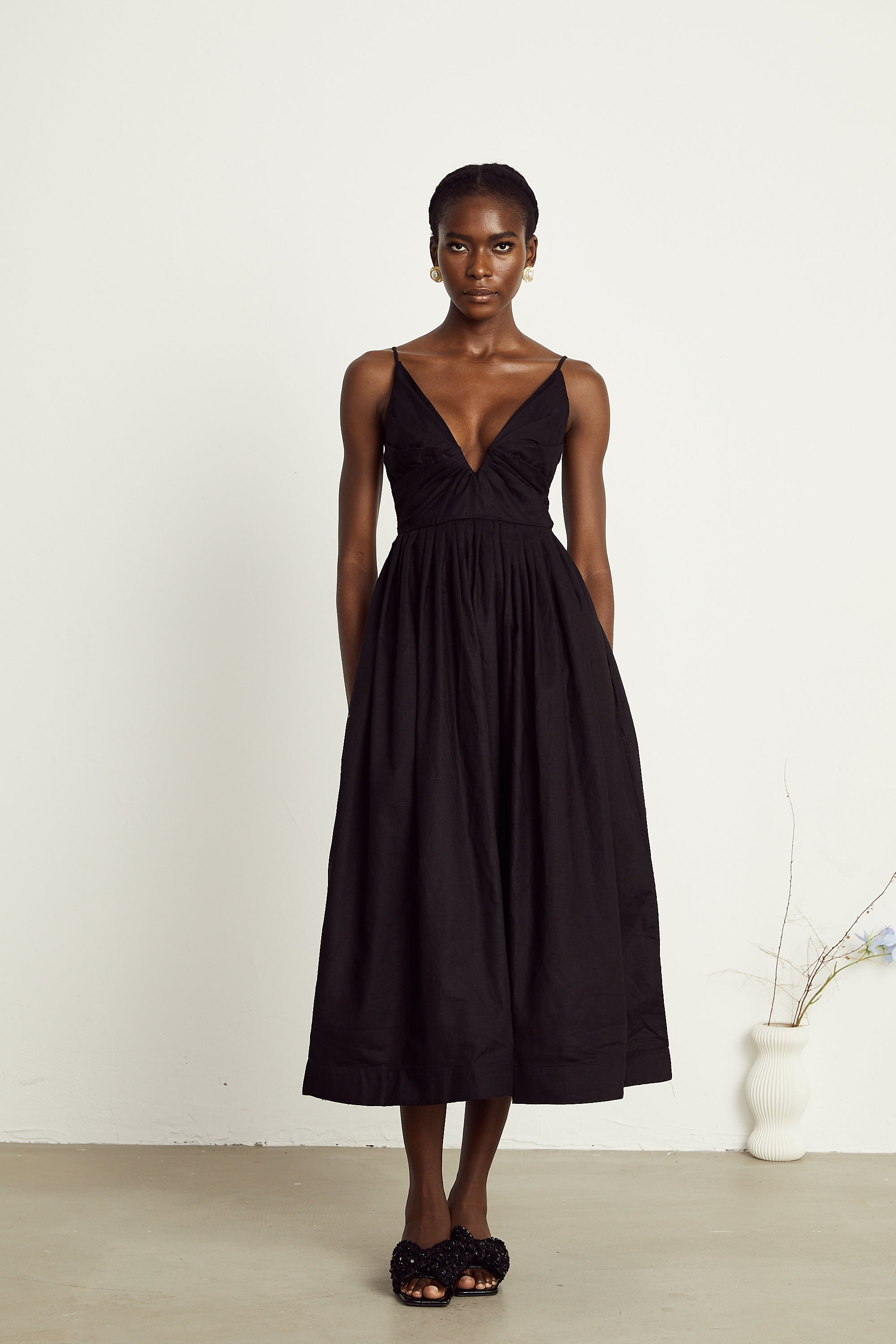 Manon black smocking pleated midi dress (US Only)