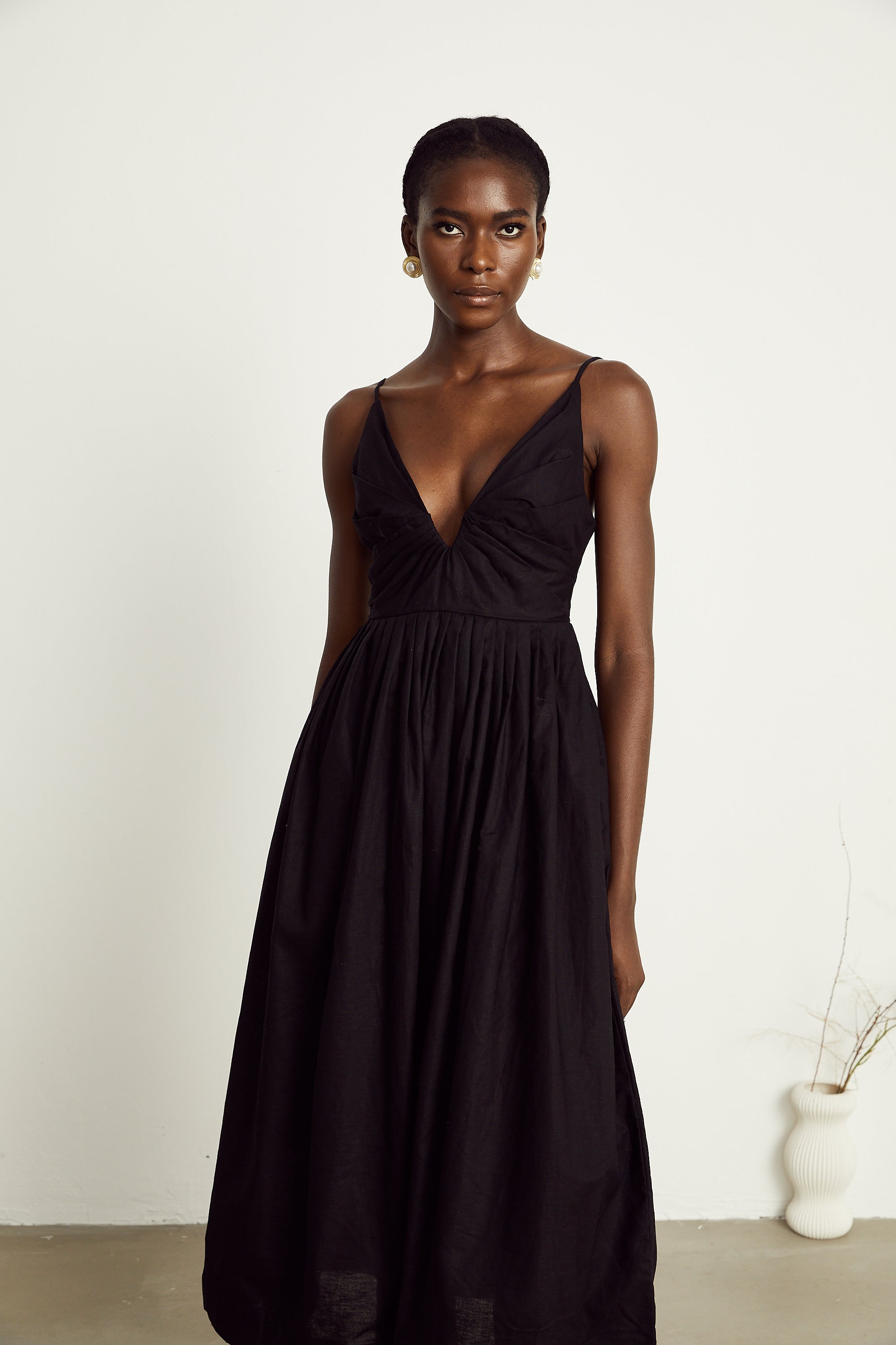 Manon black smocking pleated midi dress (US Only)