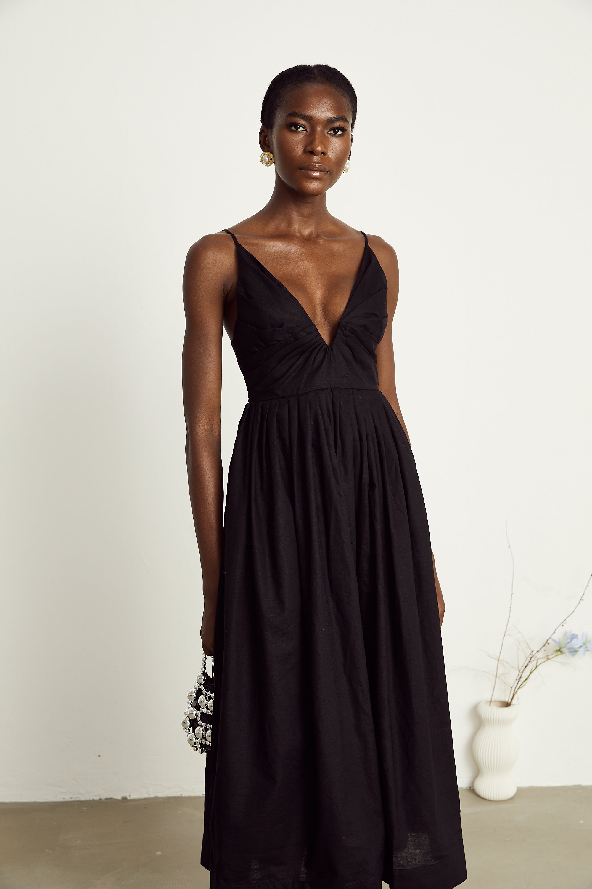 Manon black smocking pleated midi dress (US Only)