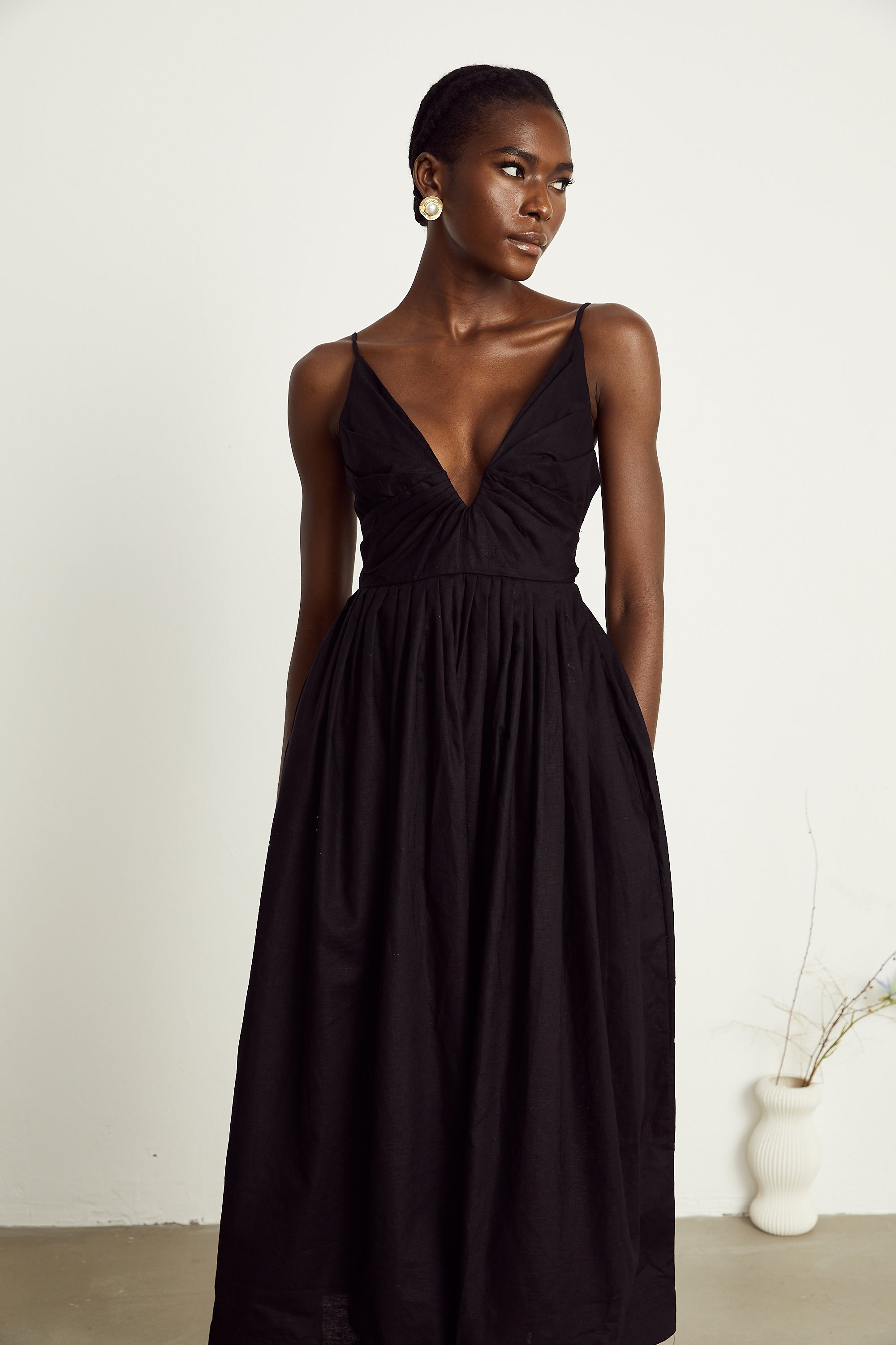 Manon black smocking pleated midi dress (US Only)