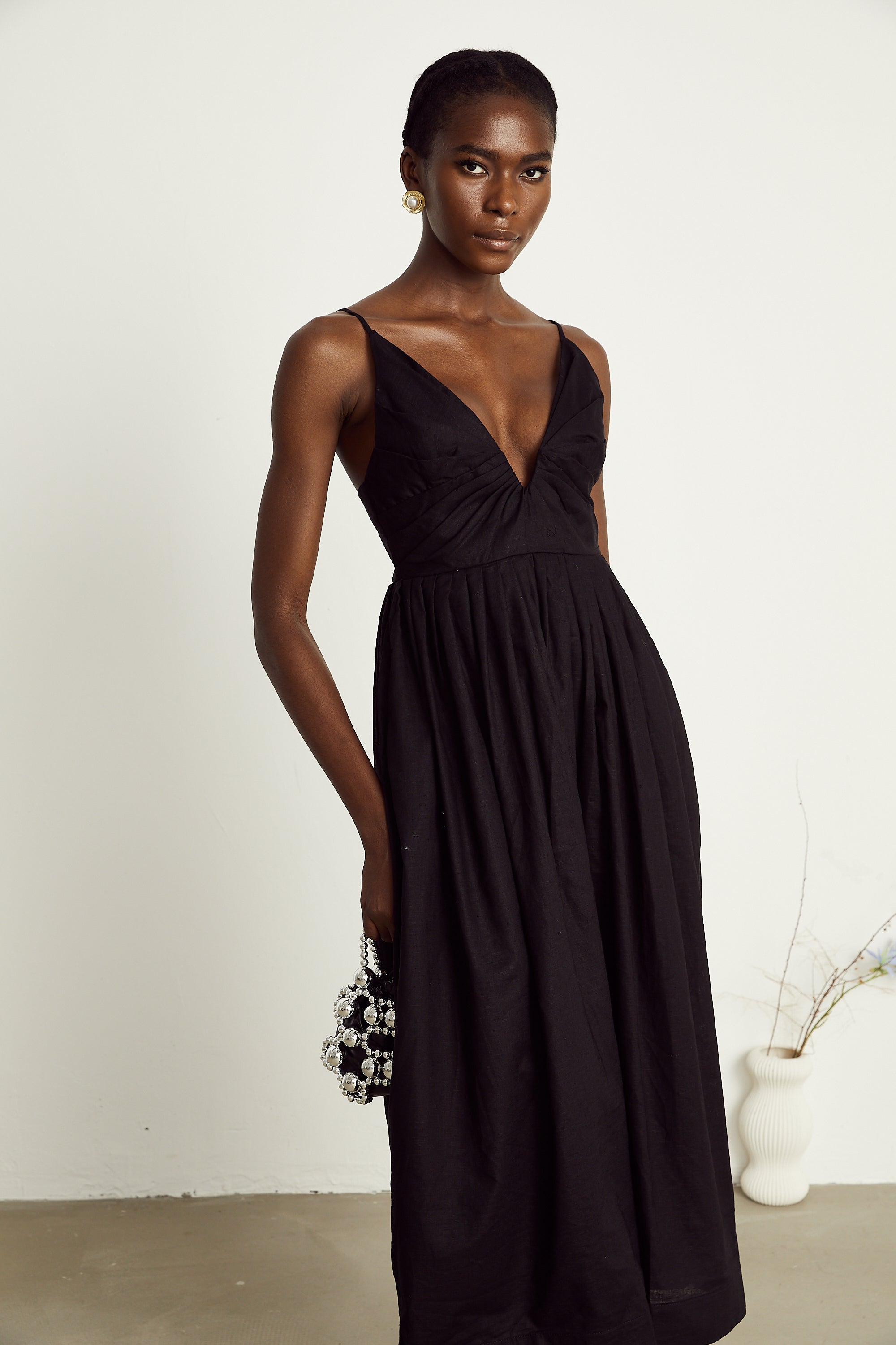 Manon black smocking pleated midi dress (US Only)