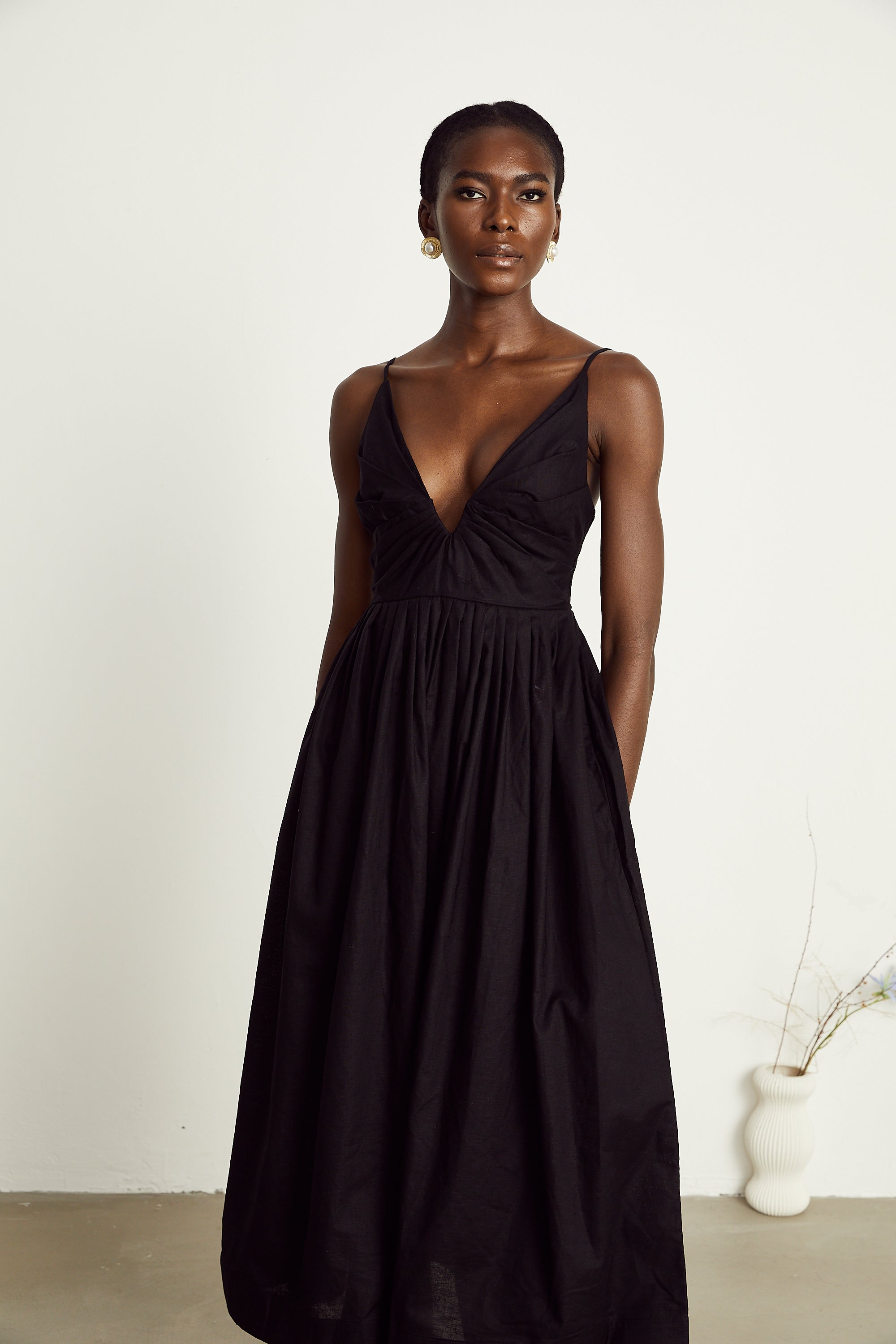 Manon black smocking pleated midi dress (US Only)