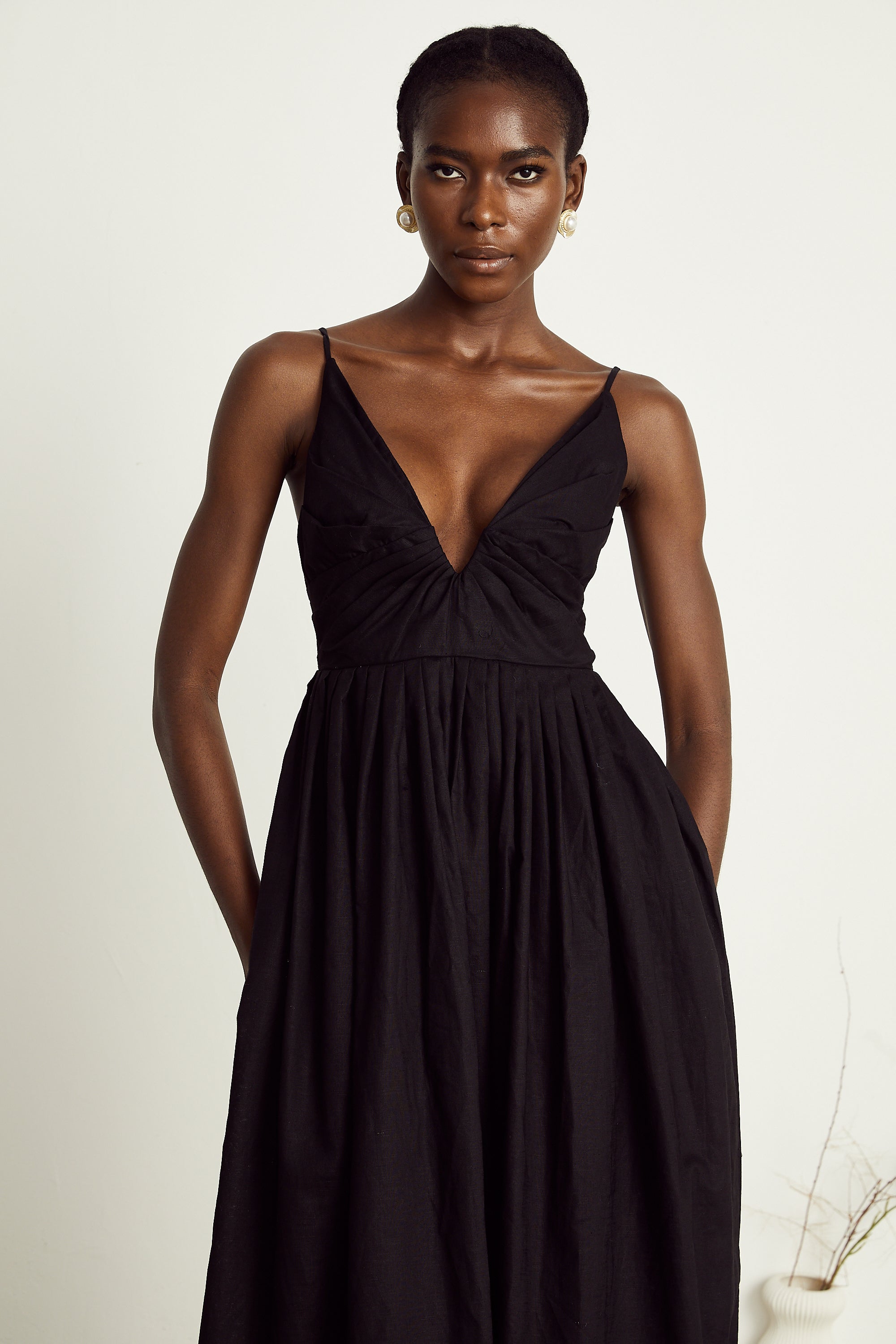 Manon black smocking pleated midi dress (US Only)