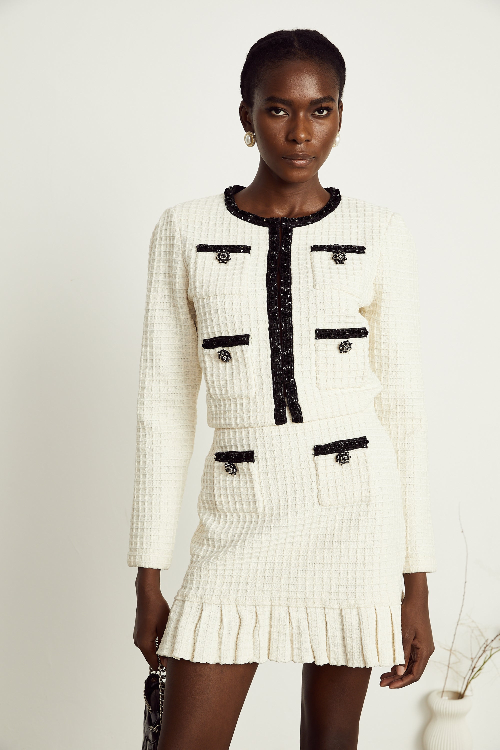 Audrey white waffle-knit jacket & skirt matching set (US Only)