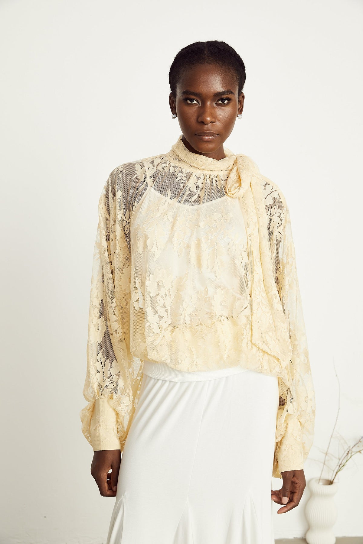 Anaïs pussy-bow embroidered tulle blouse