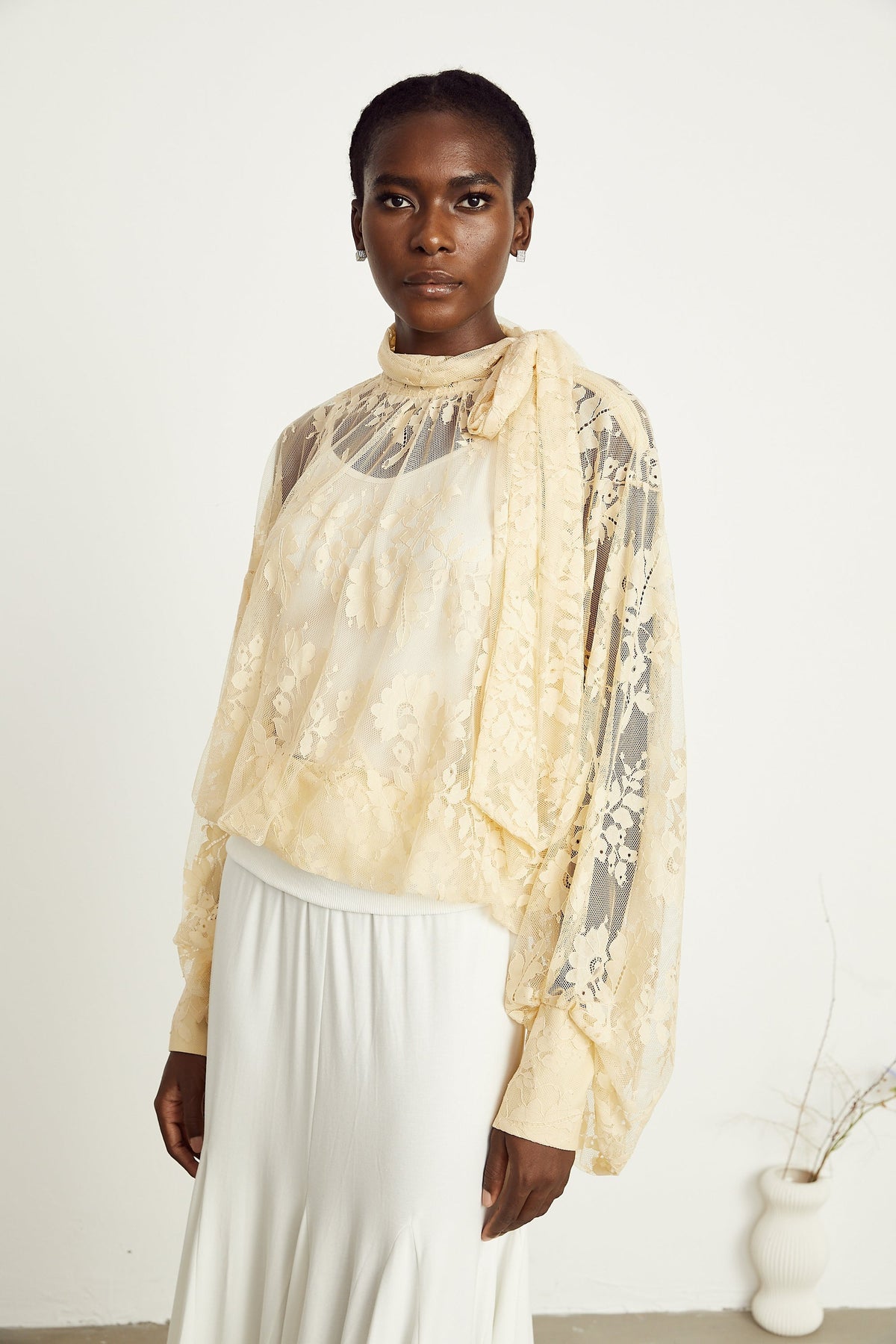 Anaïs pussy-bow embroidered tulle blouse