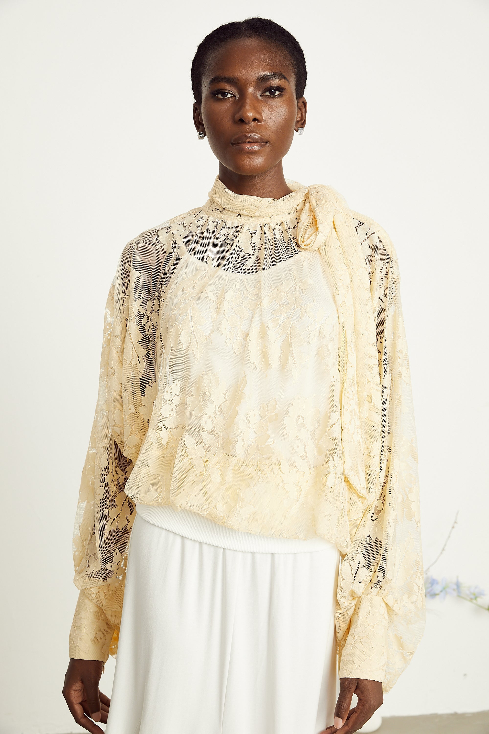 Anaïs pussy-bow embroidered tulle blouse