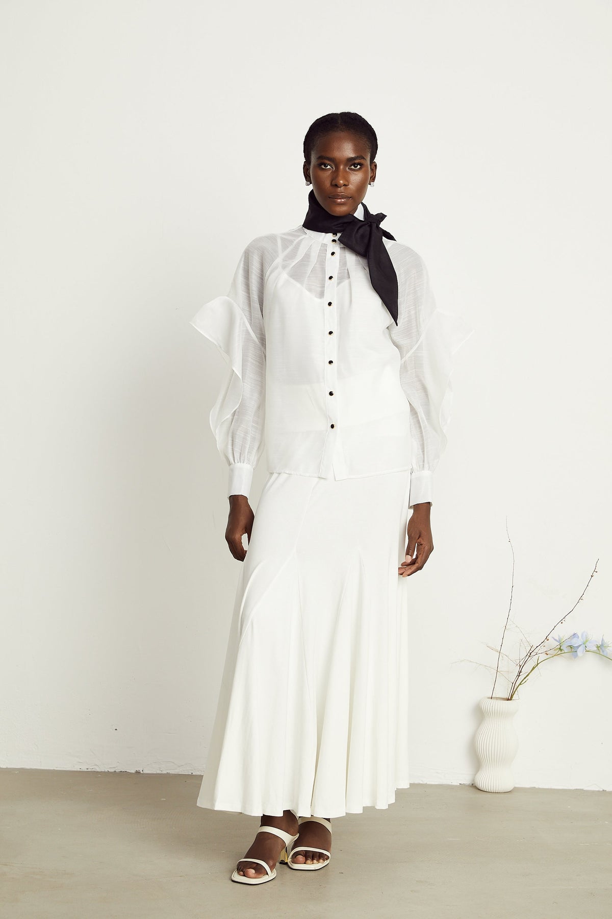 Margaux white semi-sheer ruffled bow-tie shirt