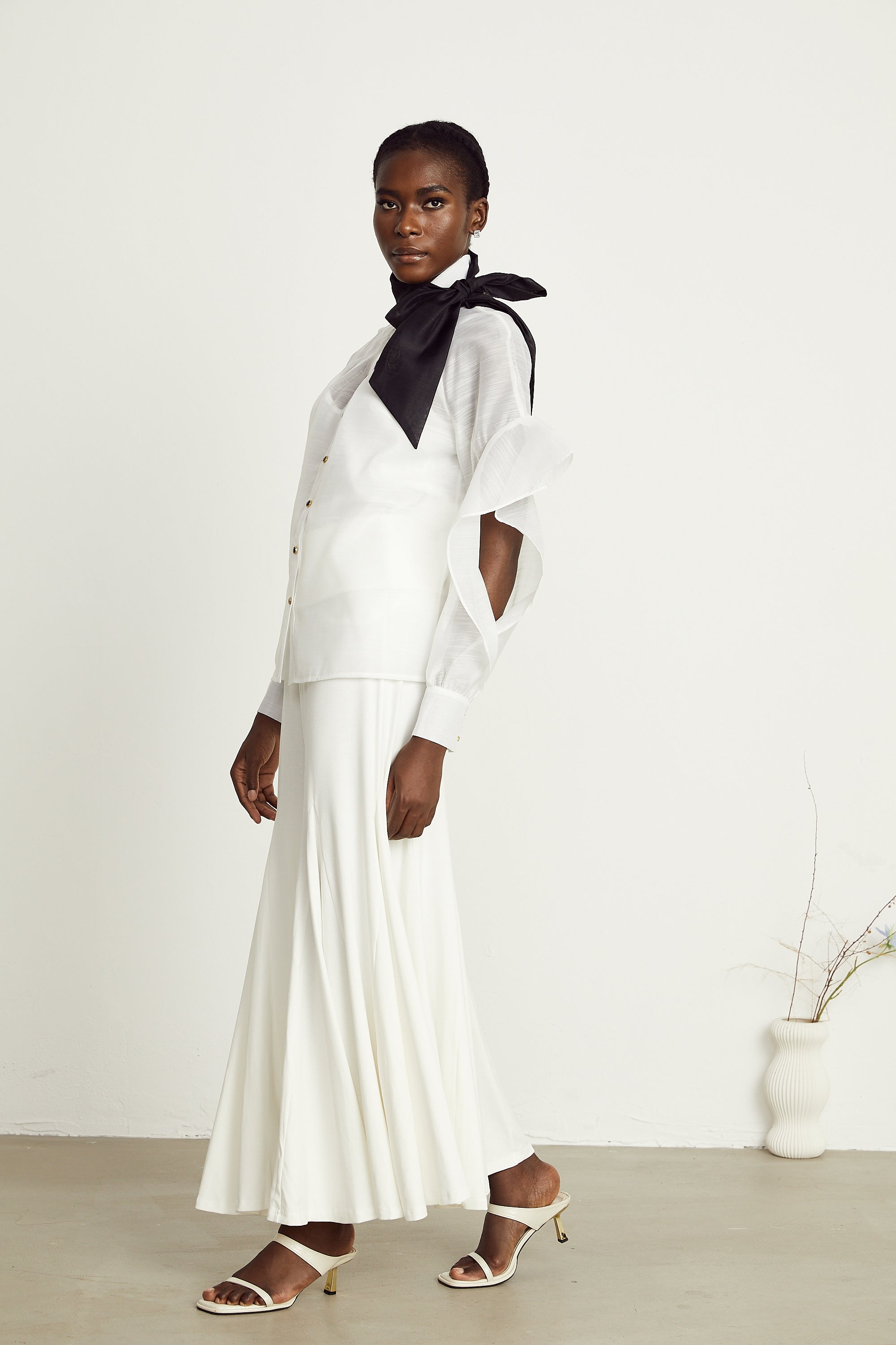 Margaux white semi-sheer ruffled bow-tie shirt
