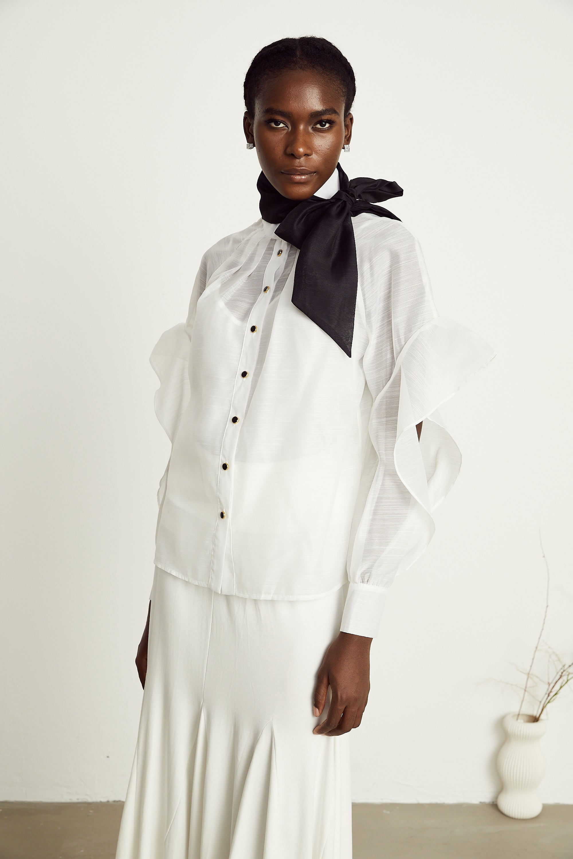 Margaux white semi-sheer ruffled bow-tie shirt