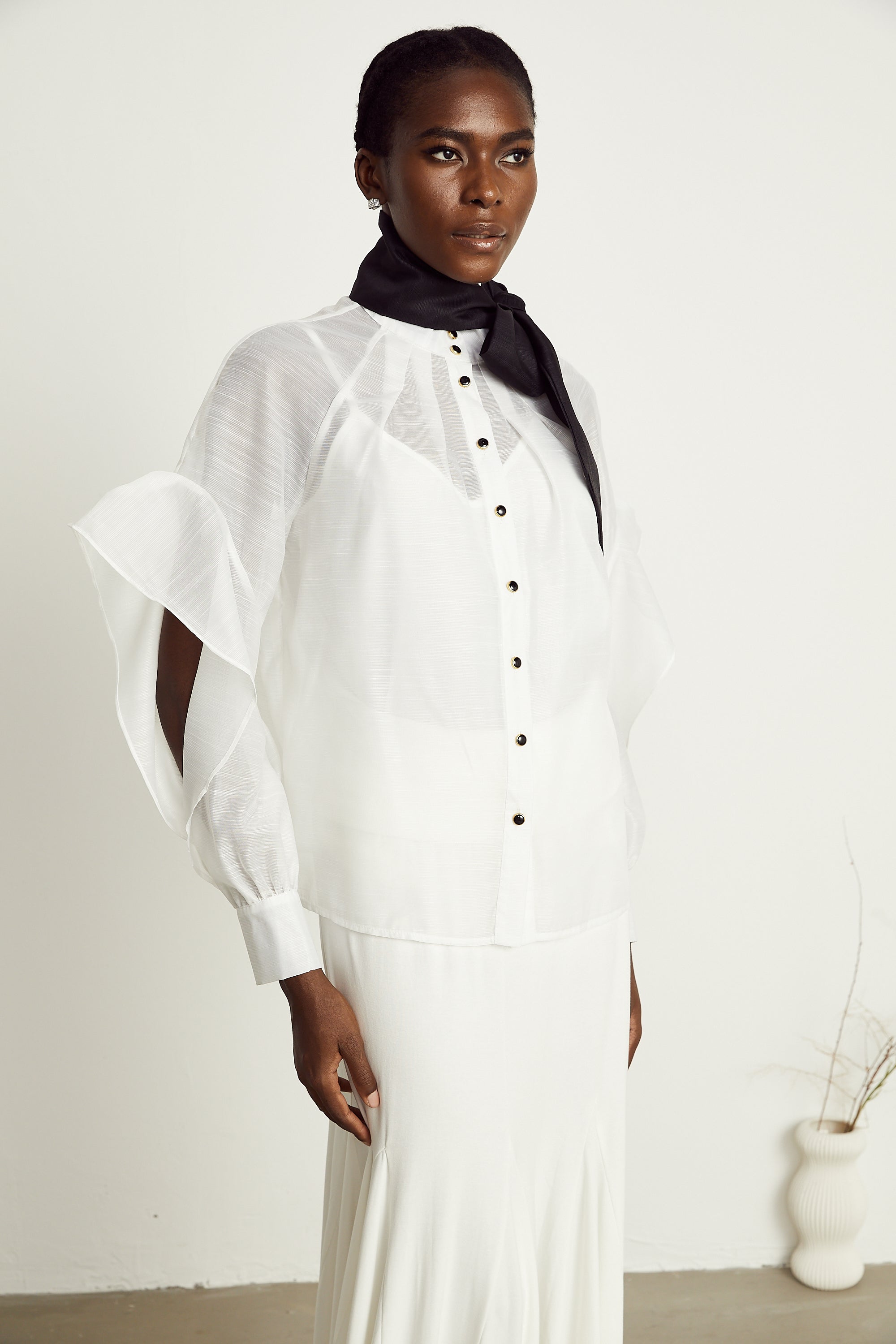 Margaux white semi-sheer ruffled bow-tie shirt