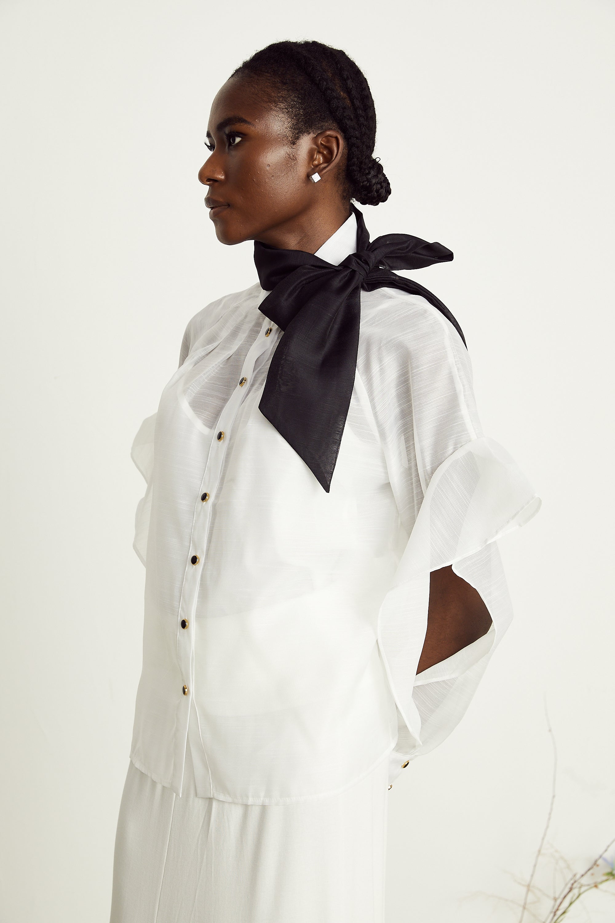 Margaux white semi-sheer ruffled bow-tie shirt