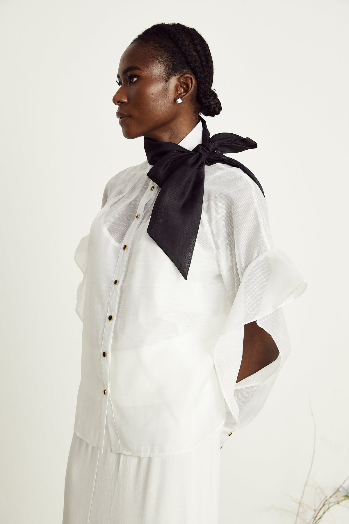 Margaux white semi-sheer ruffled bow-tie shirt
