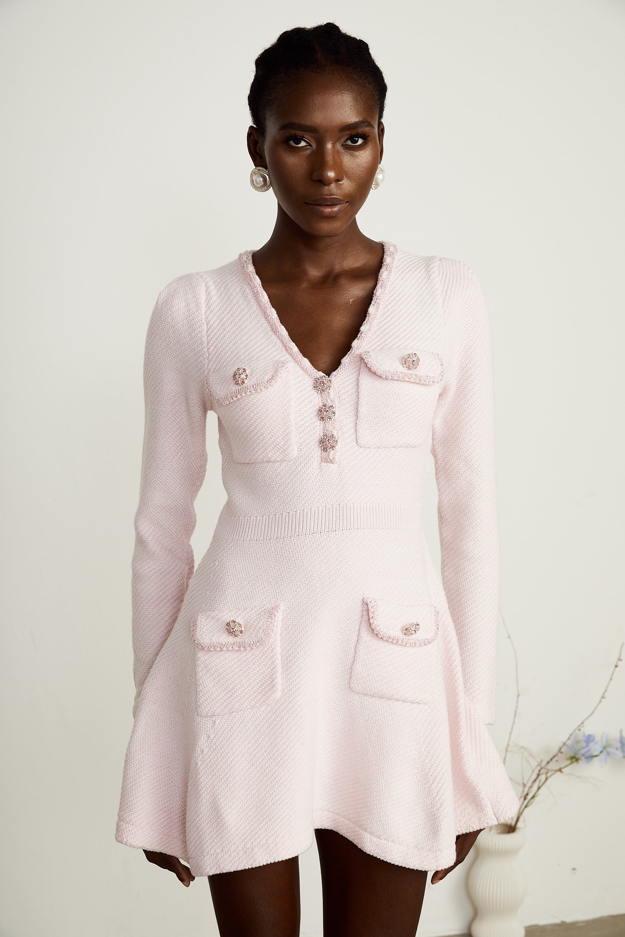 Karine pink V-neck knitted mini dress (Final Sale)