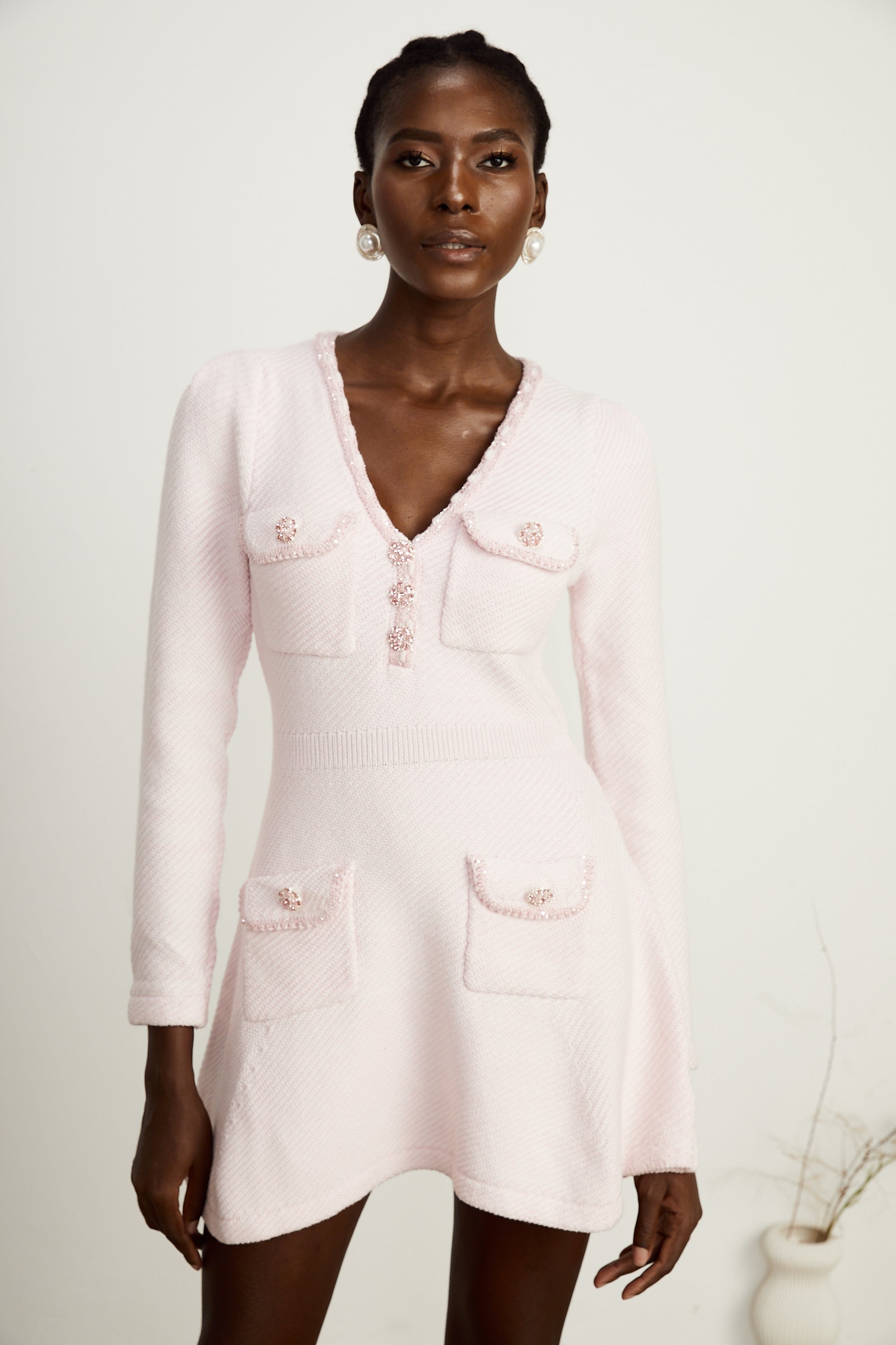 Karine pink V-neck knitted mini dress (US Only)