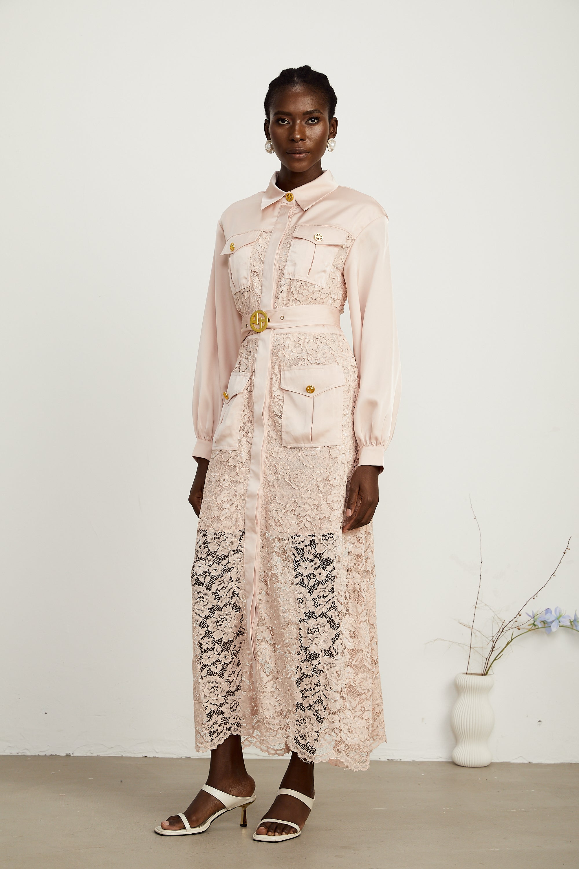 Delphine pink lace-panel belted midi dress (US Only)
