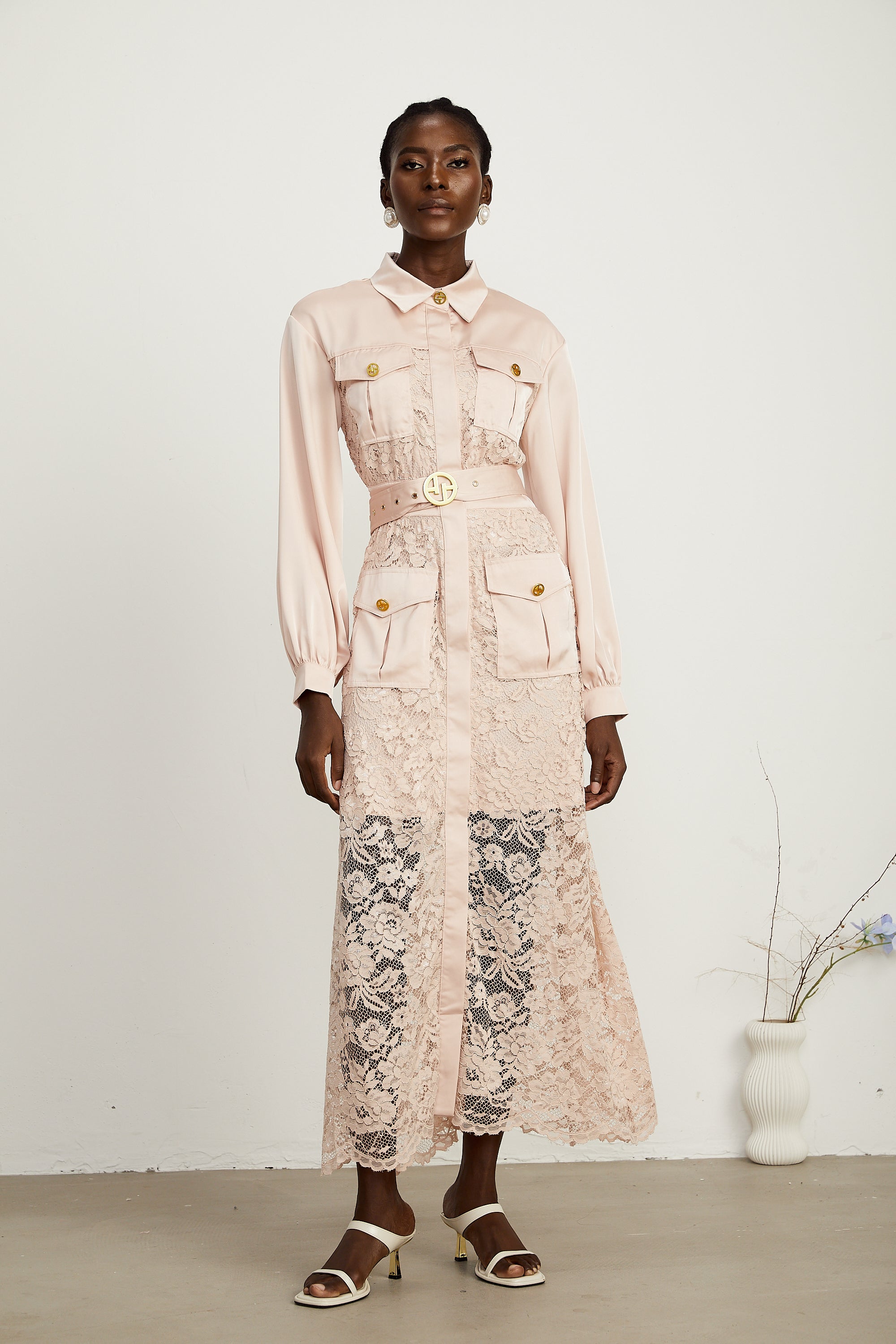 Delphine pink lace-panel belted midi dress (US Only)