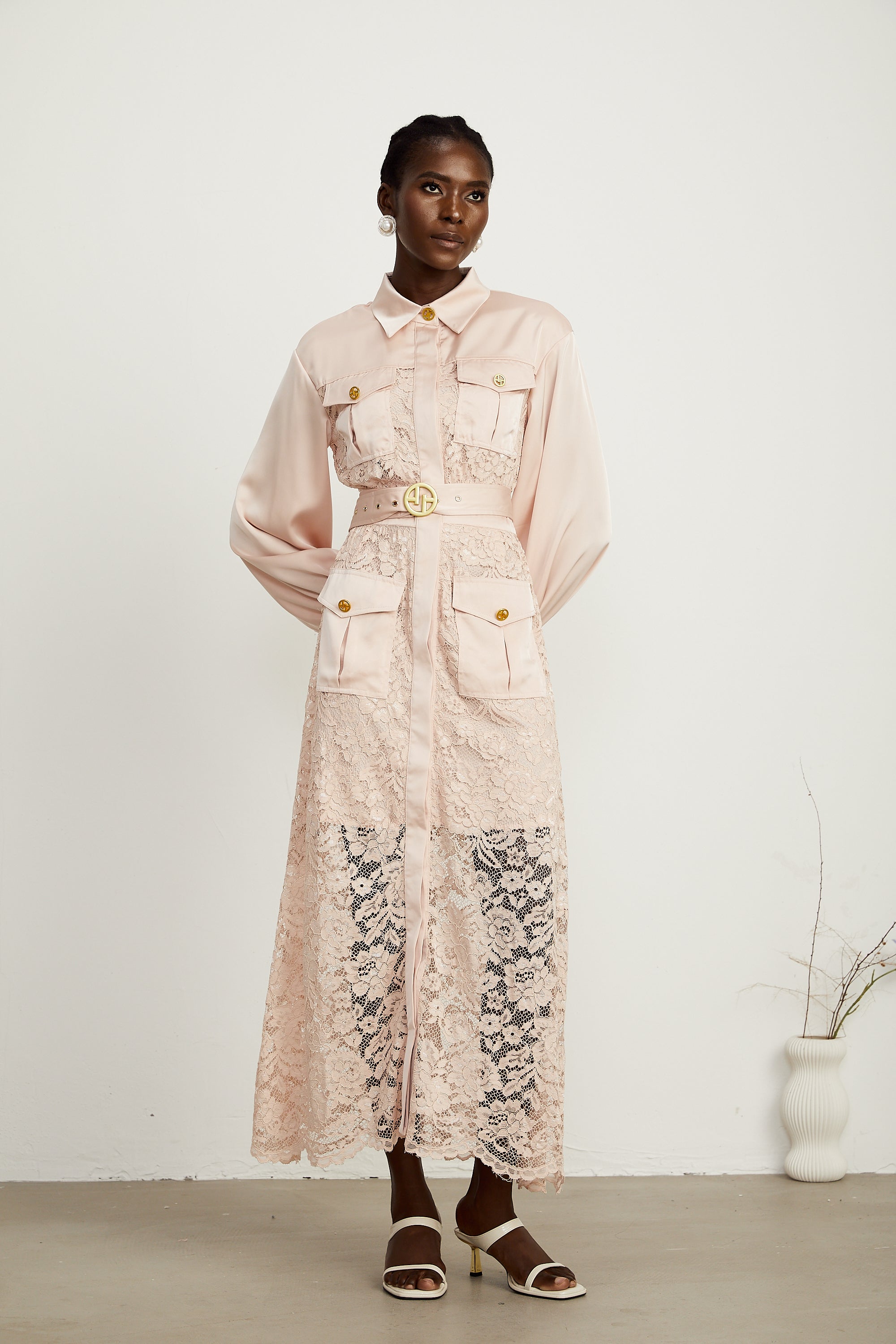 Delphine pink lace-panel belted midi dress (US Only)