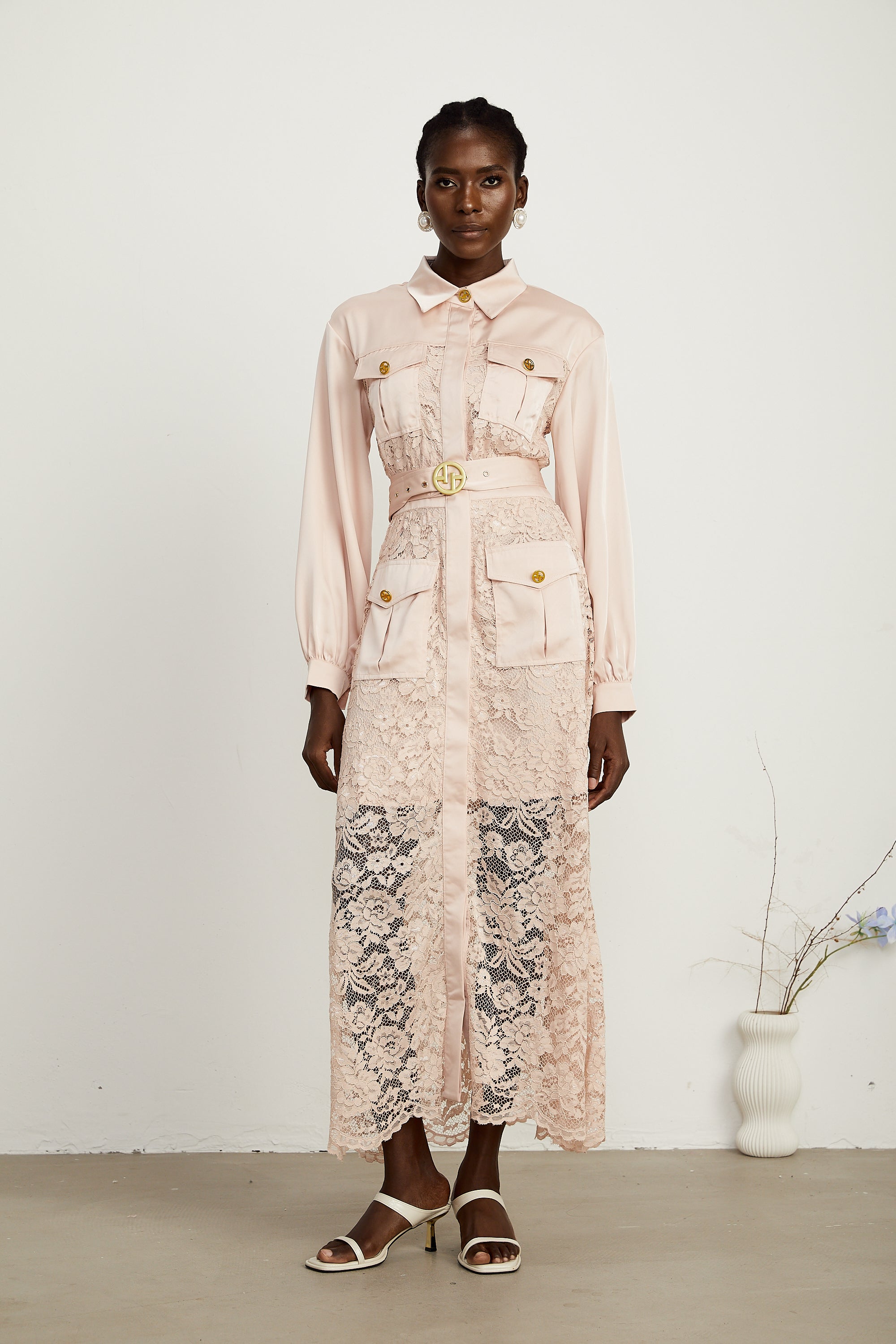 Delphine pink lace-panel belted midi dress (US Only)