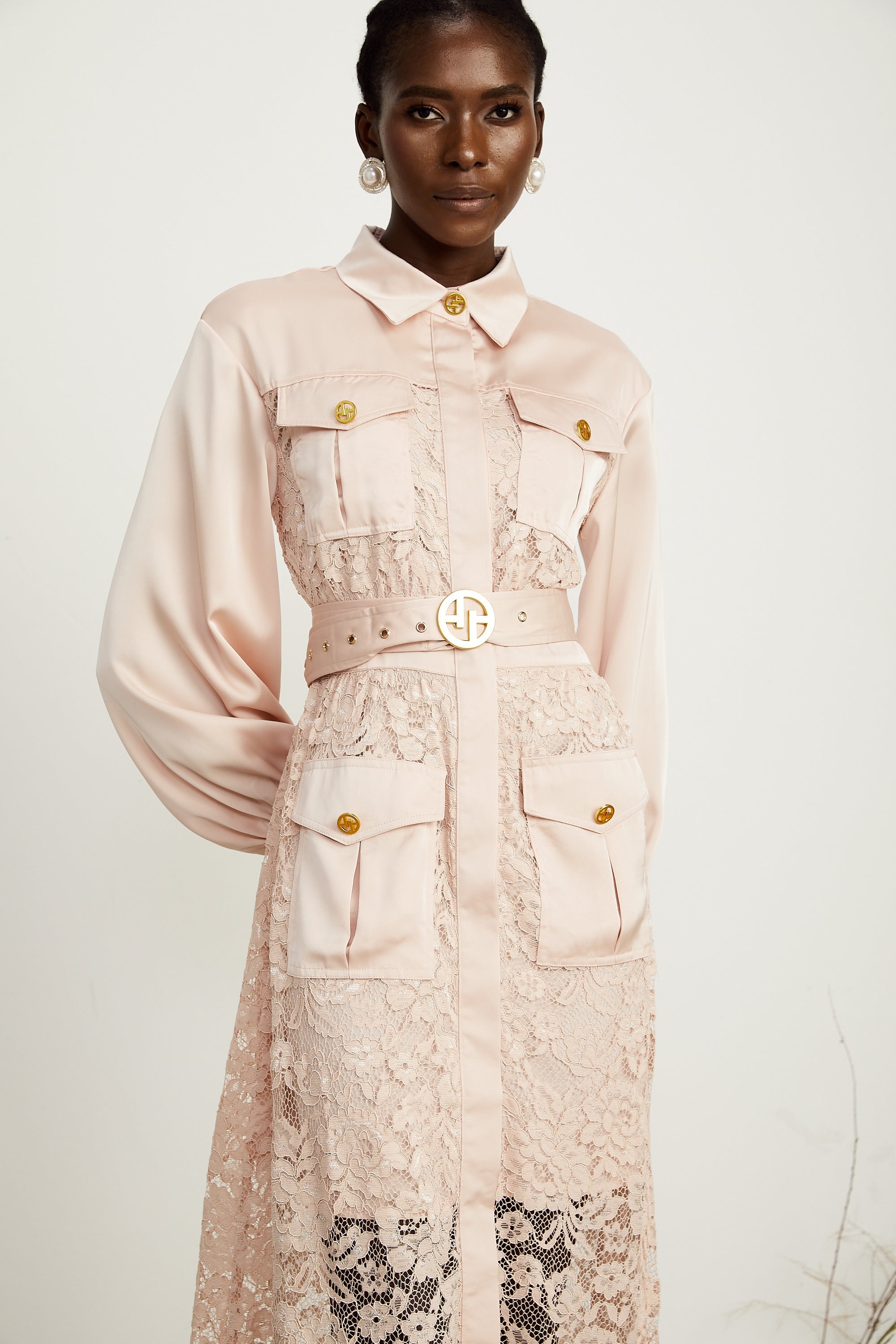 Delphine pink lace-panel belted midi dress (US Only)