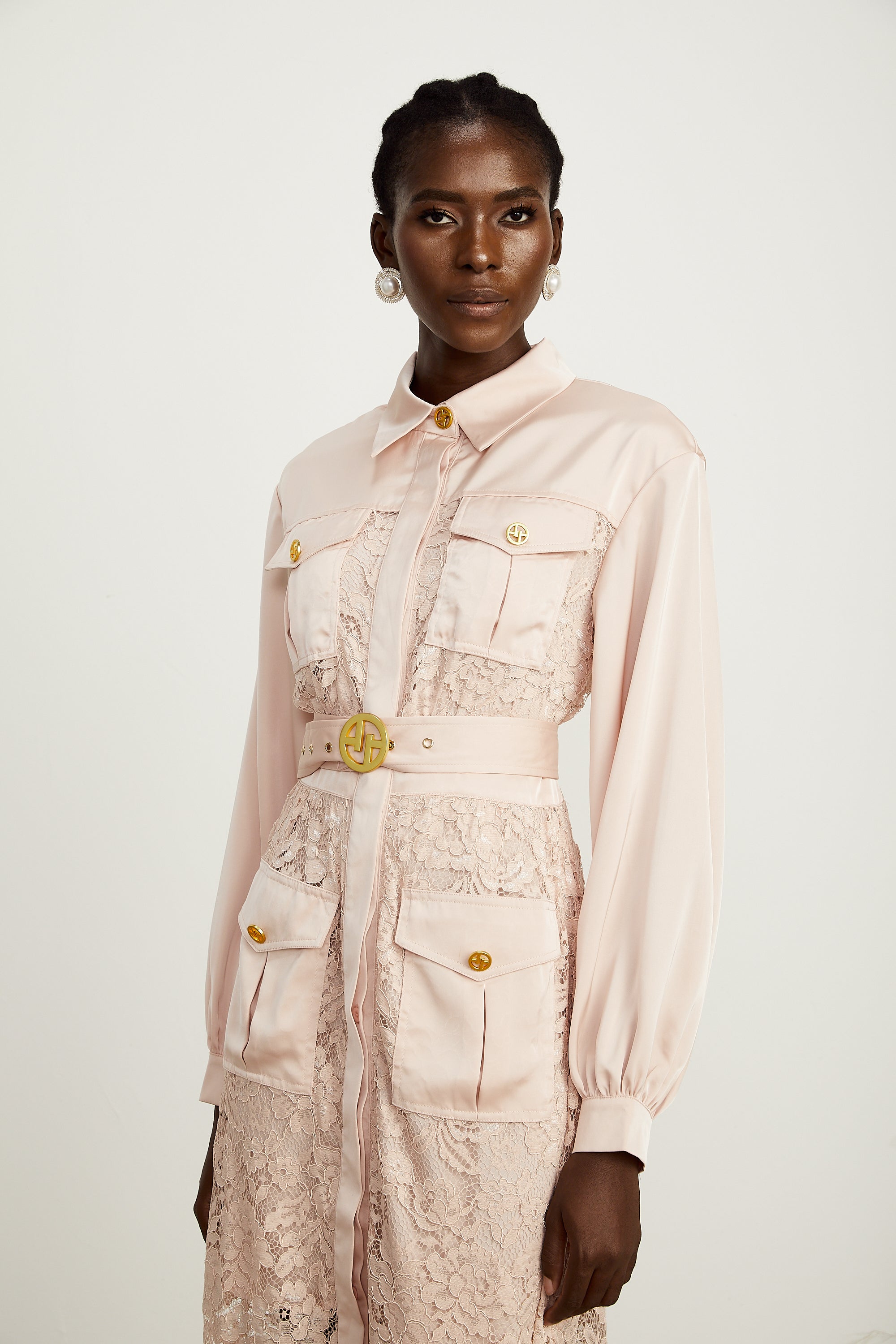 Delphine pink lace-panel belted midi dress (US Only)