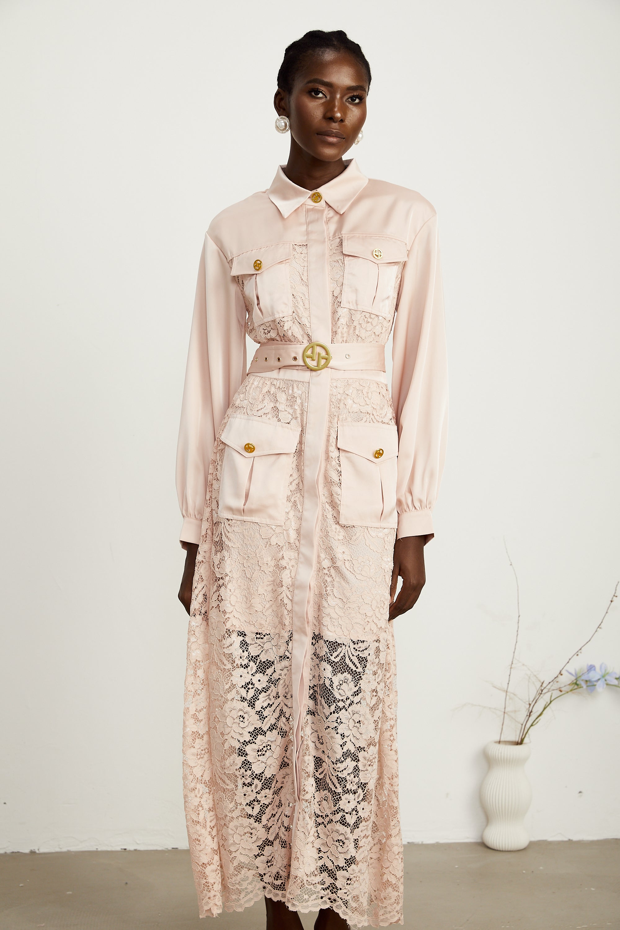 Delphine pink lace-panel belted midi dress (US Only)