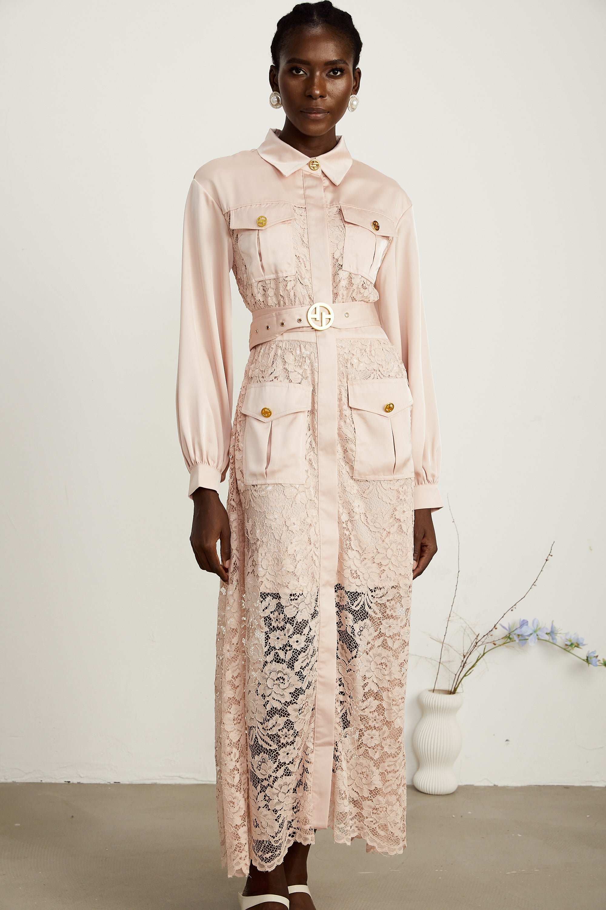 Delphine pink lace-panel belted midi dress (US Only)