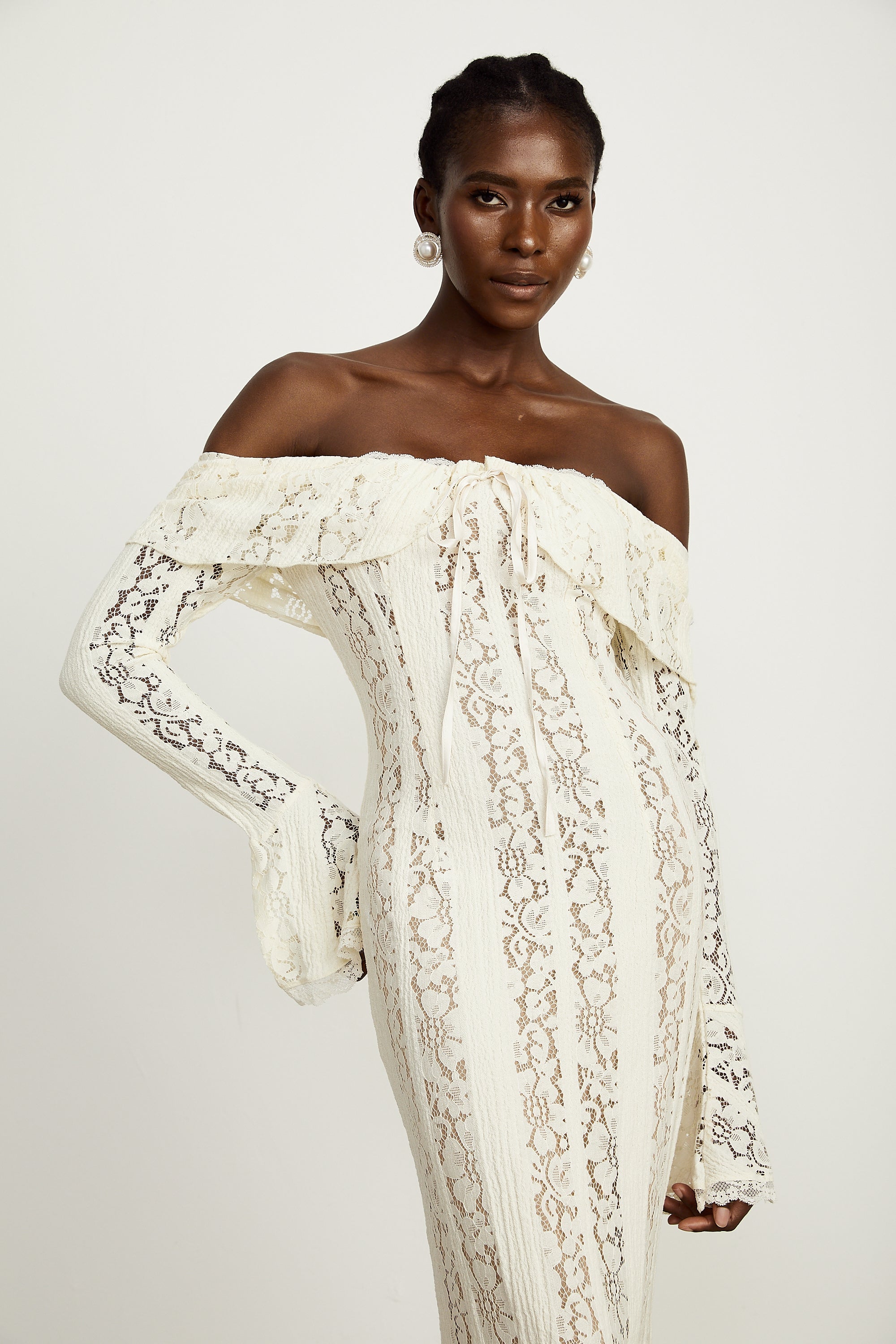 Émeline floral lace flared-cuff maxi dress in Neutrals (Final Sale-US Only)