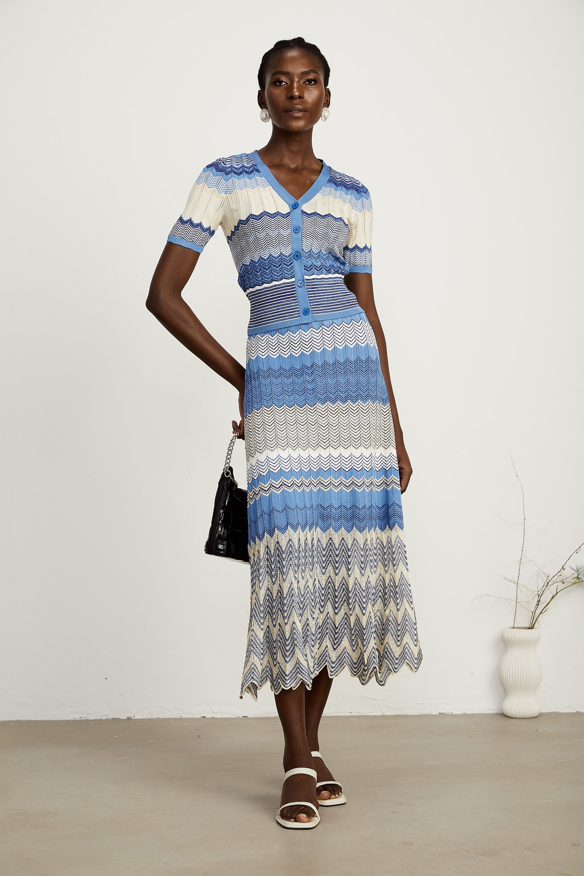 Daniela blue zigzag-design knit top & skirt matching set (Final Sale-US Only)