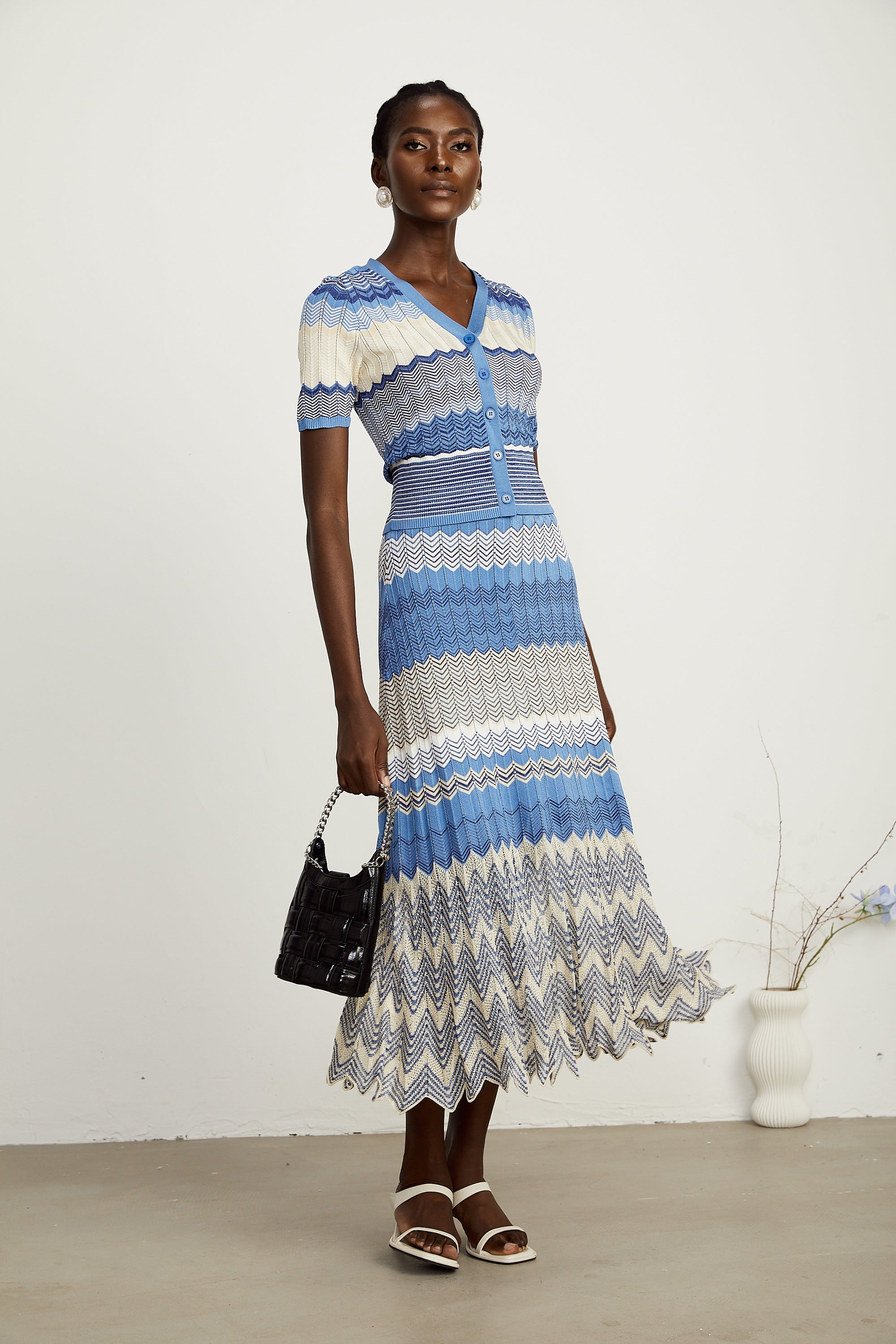 Daniela blue zigzag-design knit top & skirt matching set (Final Sale-US Only)