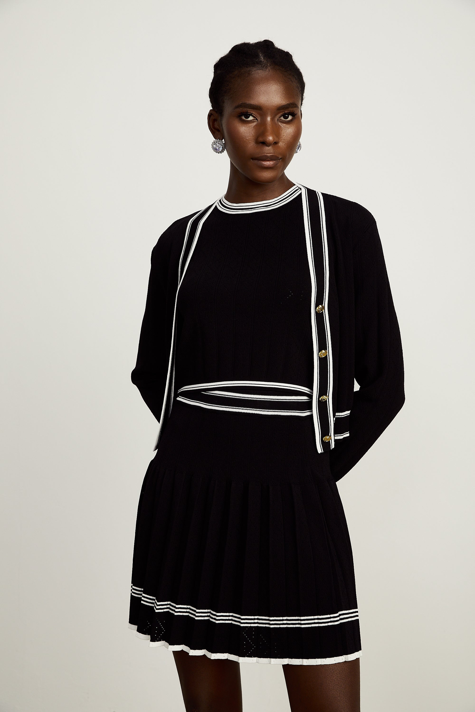 Daphné contrast-trim cardigan & vest top & skirt matching set (Final Sale-US Only)