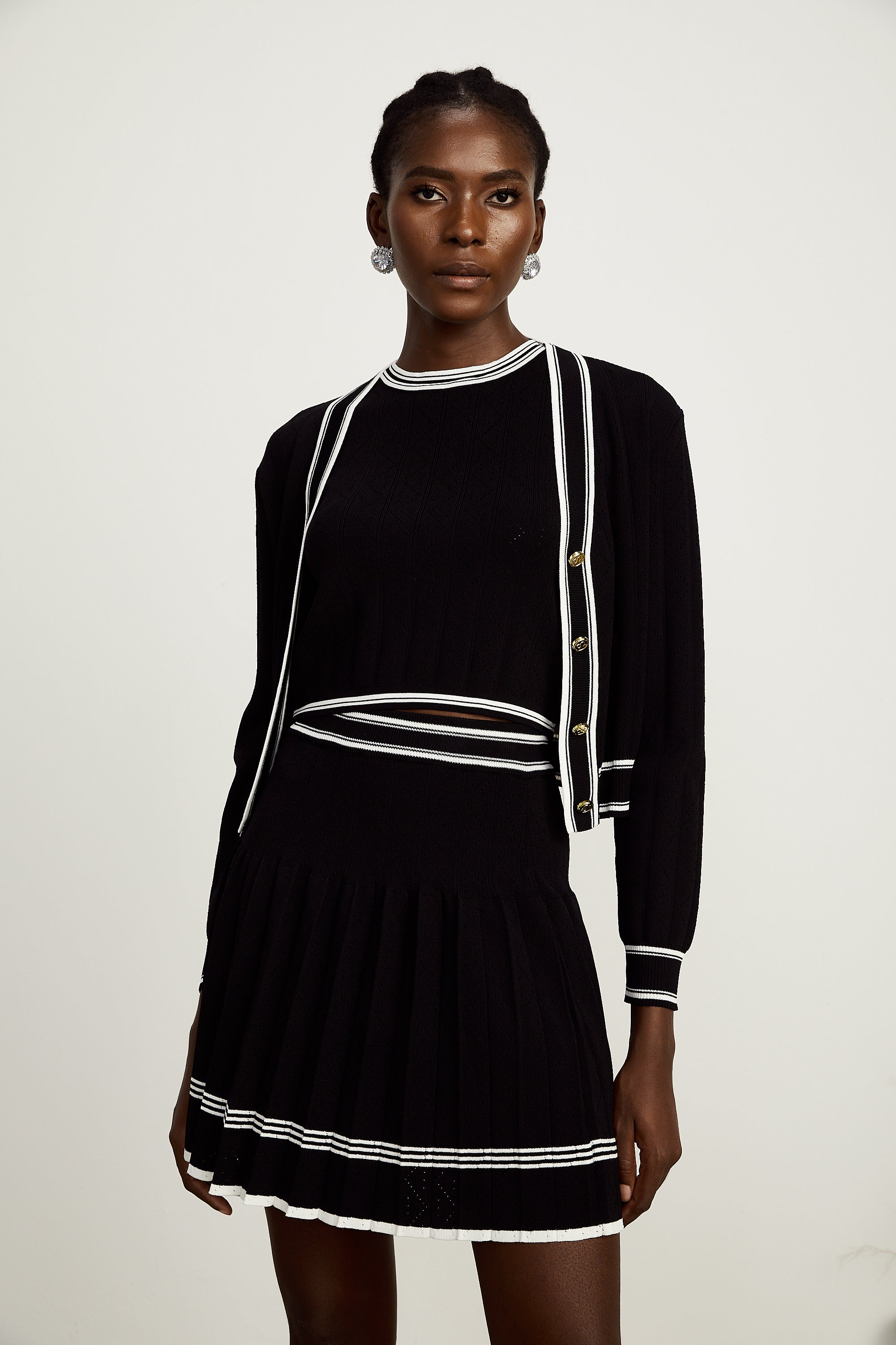 Daphné contrast-trim cardigan & vest top & skirt matching set (Final Sale-US Only)