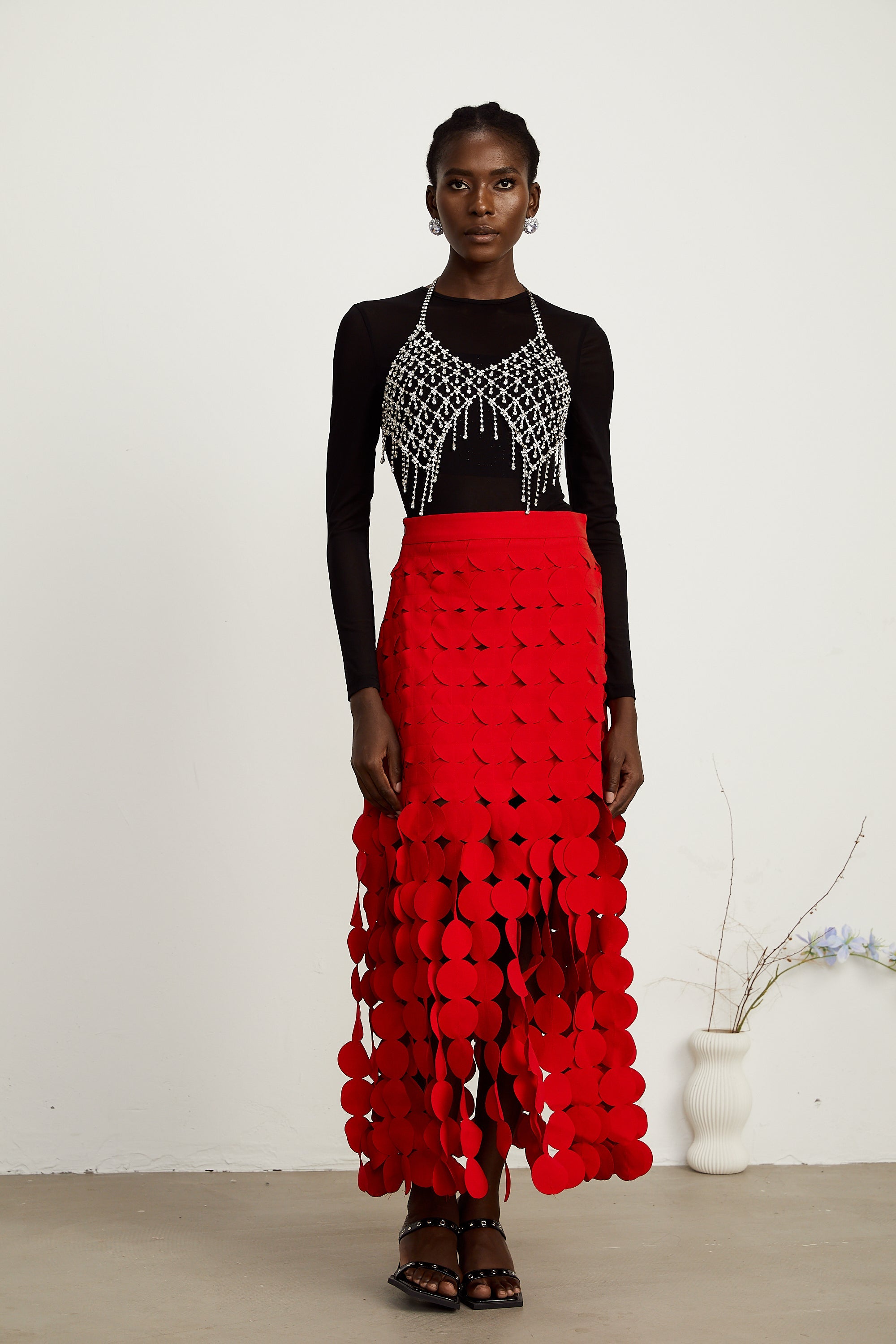 Hanna disc-design fringed maxi skirt in Red