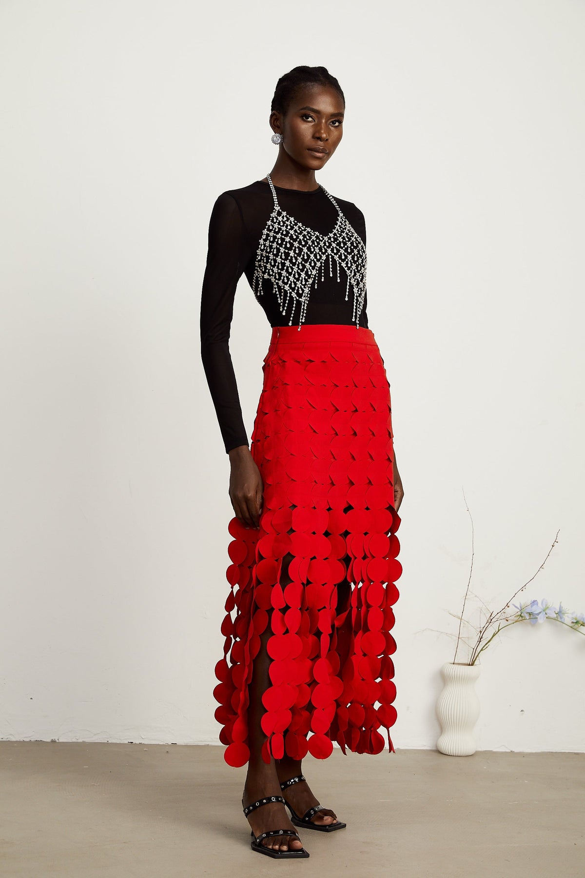 Hanna disc-design fringed maxi skirt in Red