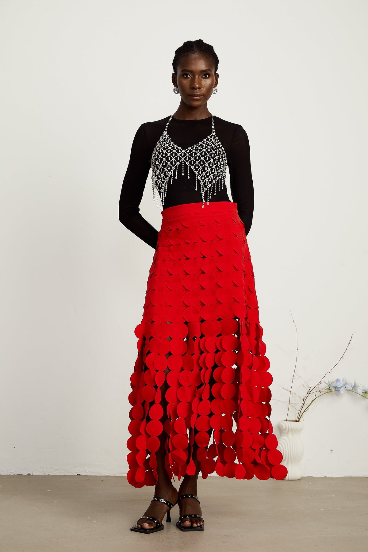Hanna disc-design fringed maxi skirt in Red
