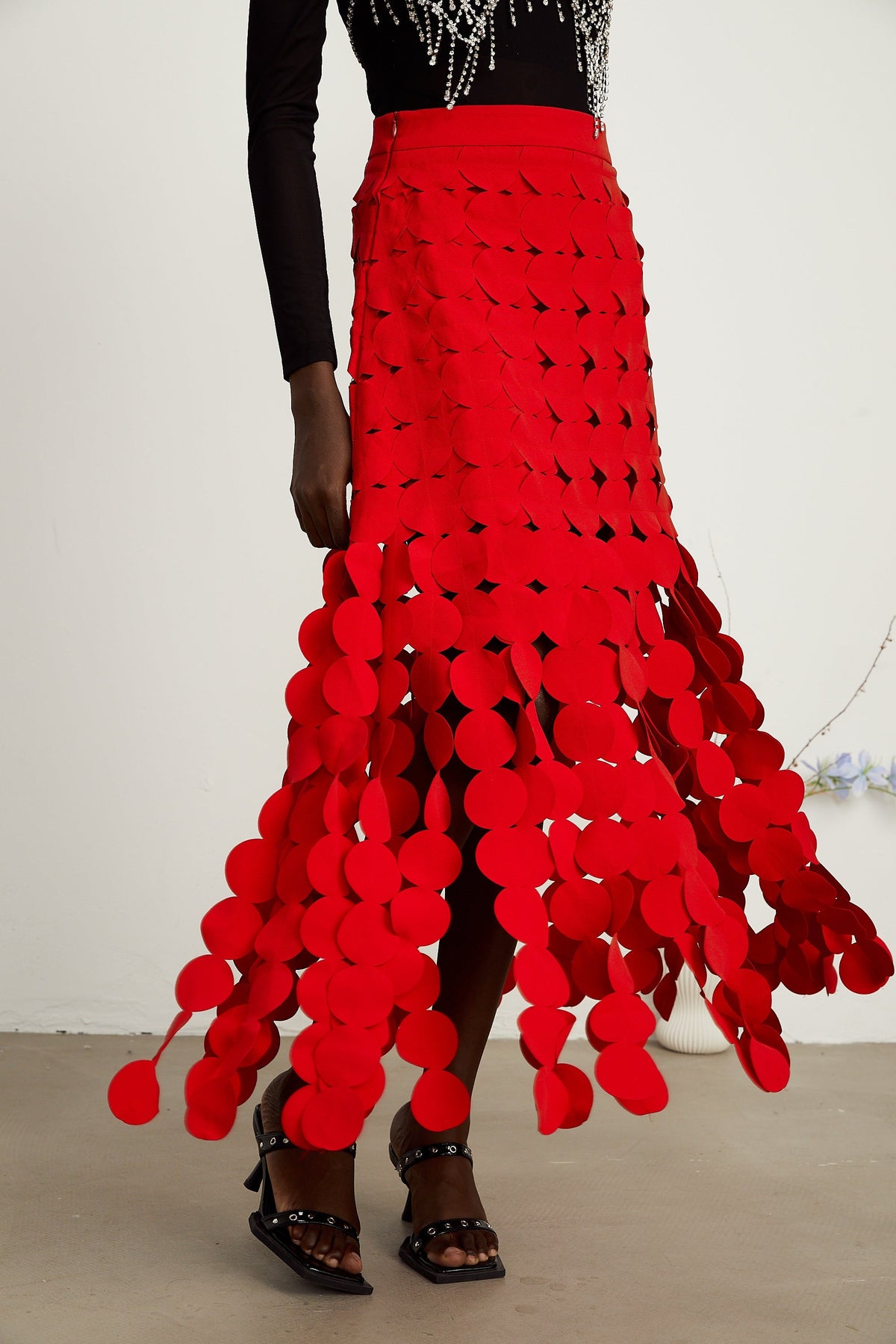 Hanna disc-design fringed maxi skirt in Red