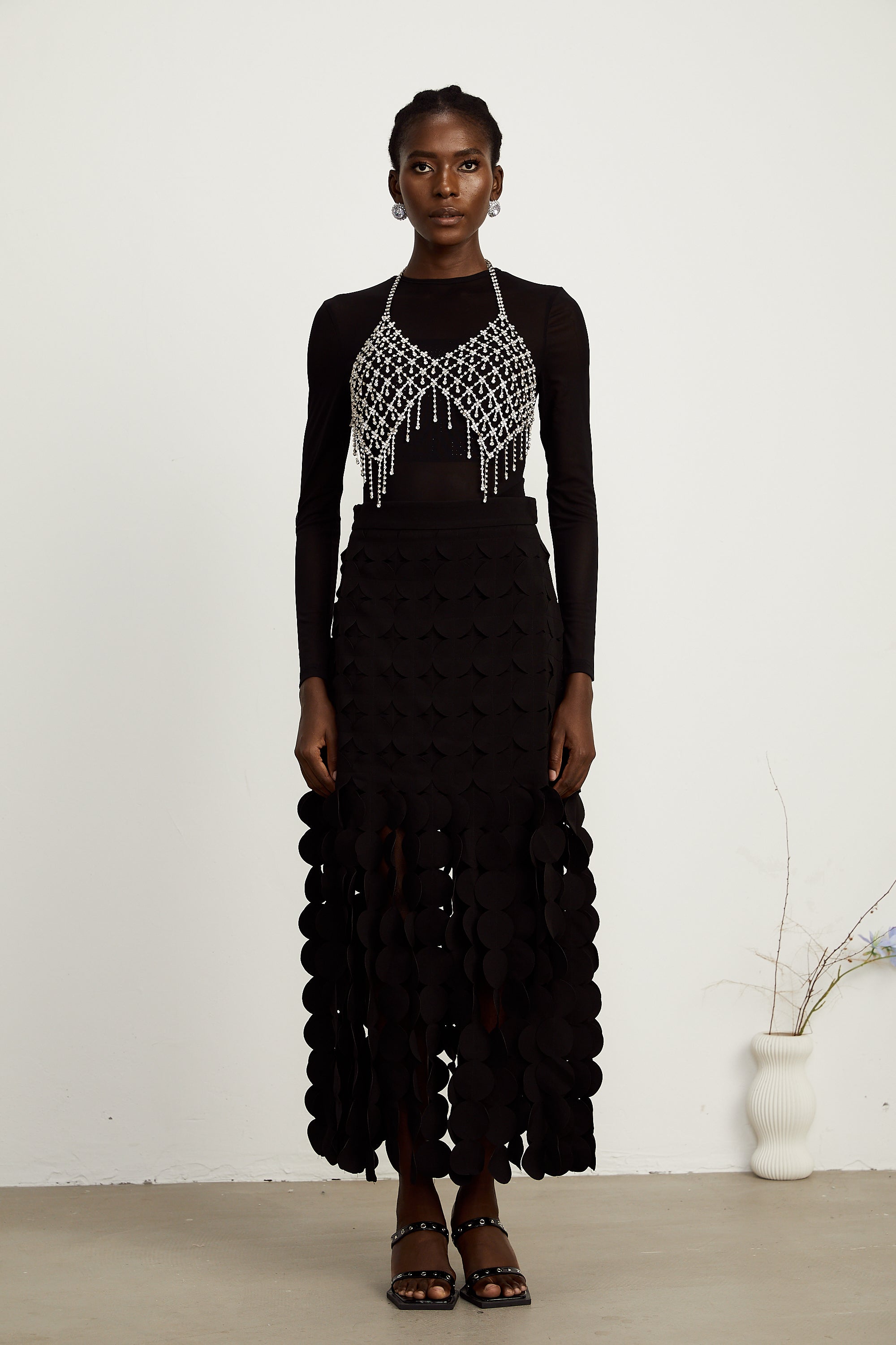 Hanna disc-design fringed maxi skirt in Black