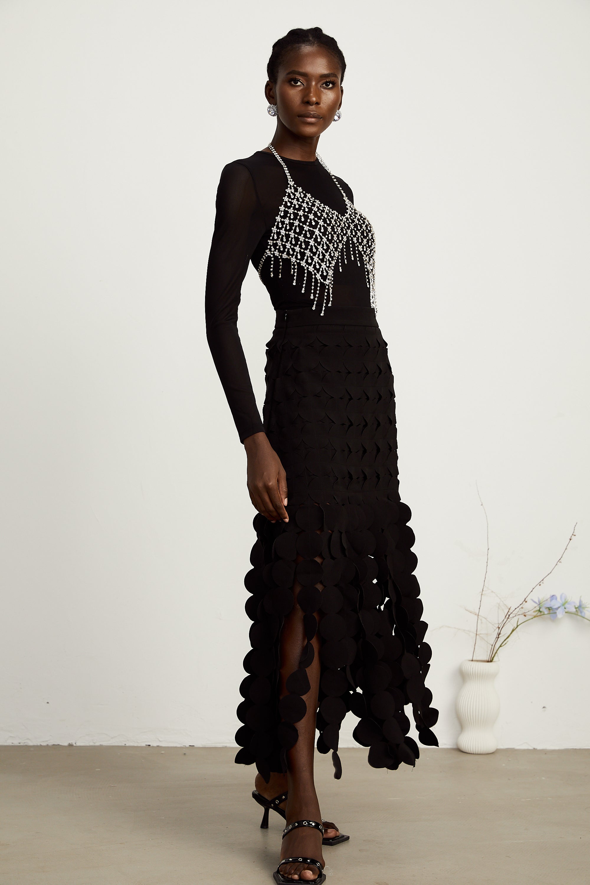 Hanna disc-design fringed maxi skirt in Black