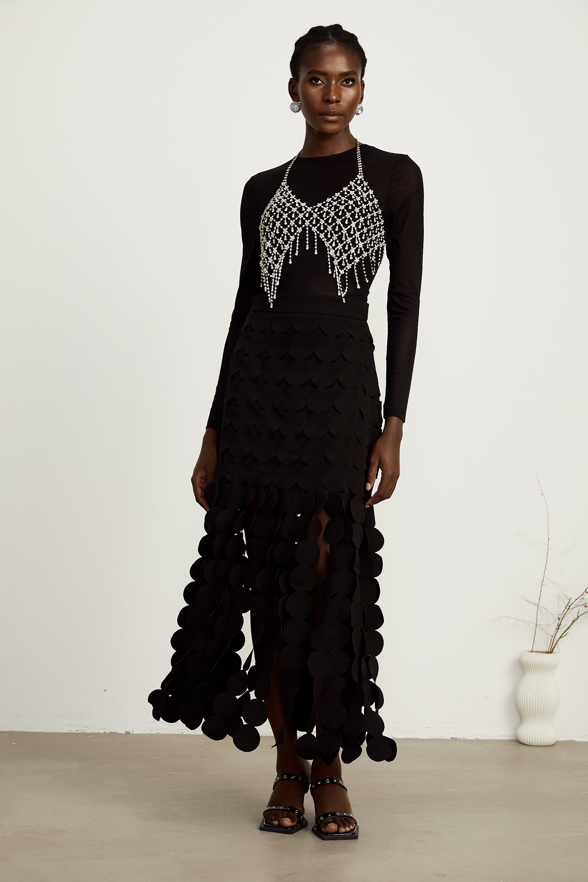 Hanna disc-design fringed maxi skirt in Black