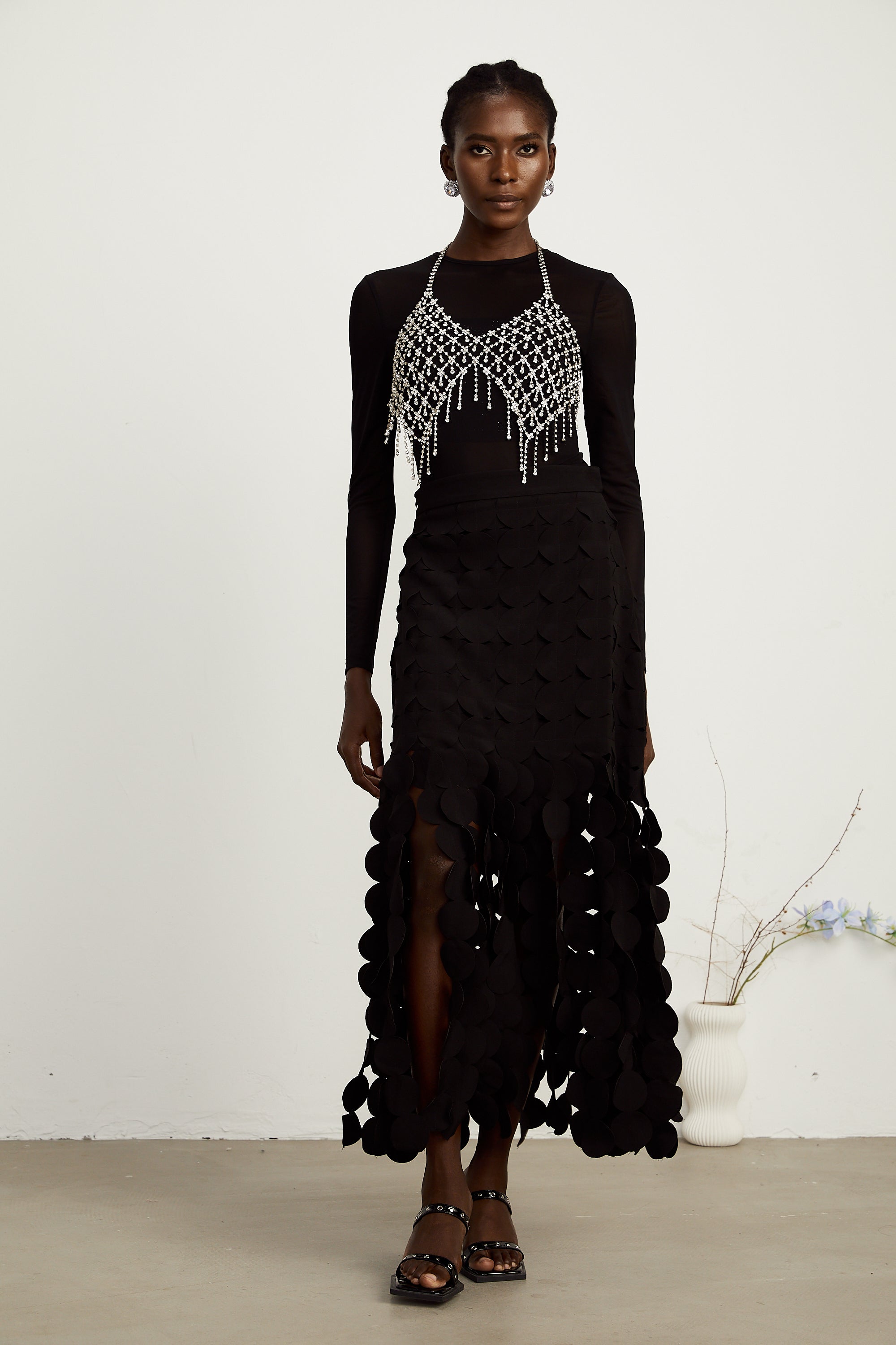 Hanna disc-design fringed maxi skirt in Black