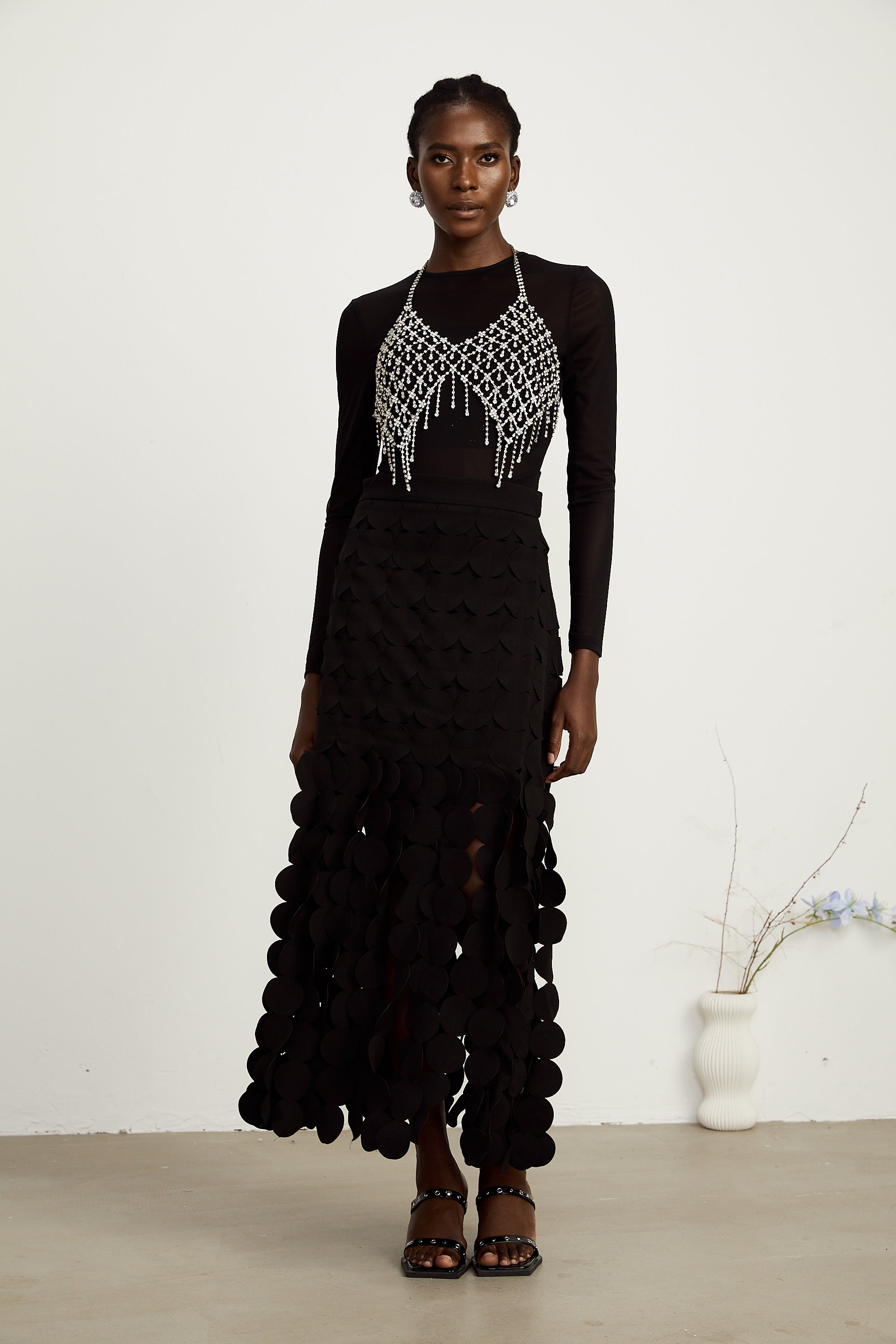 Hanna disc-design fringed maxi skirt in Black