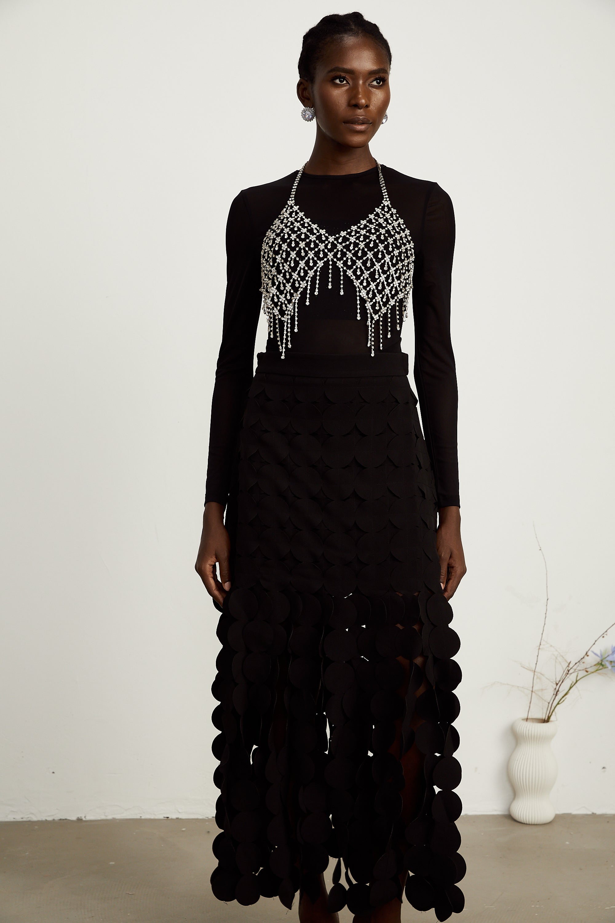 Hanna disc-design fringed maxi skirt in Black