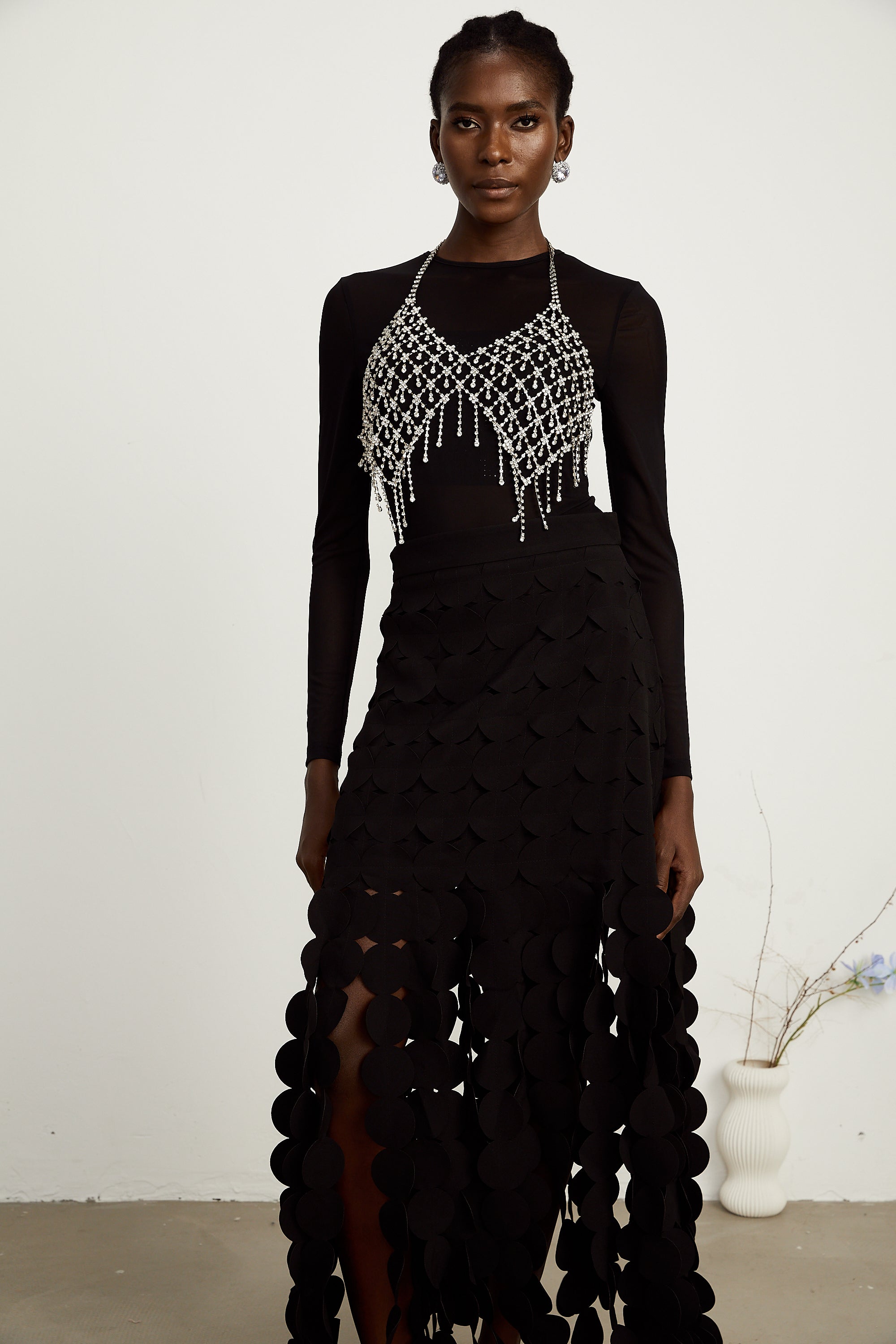 Hanna disc-design fringed maxi skirt in Black