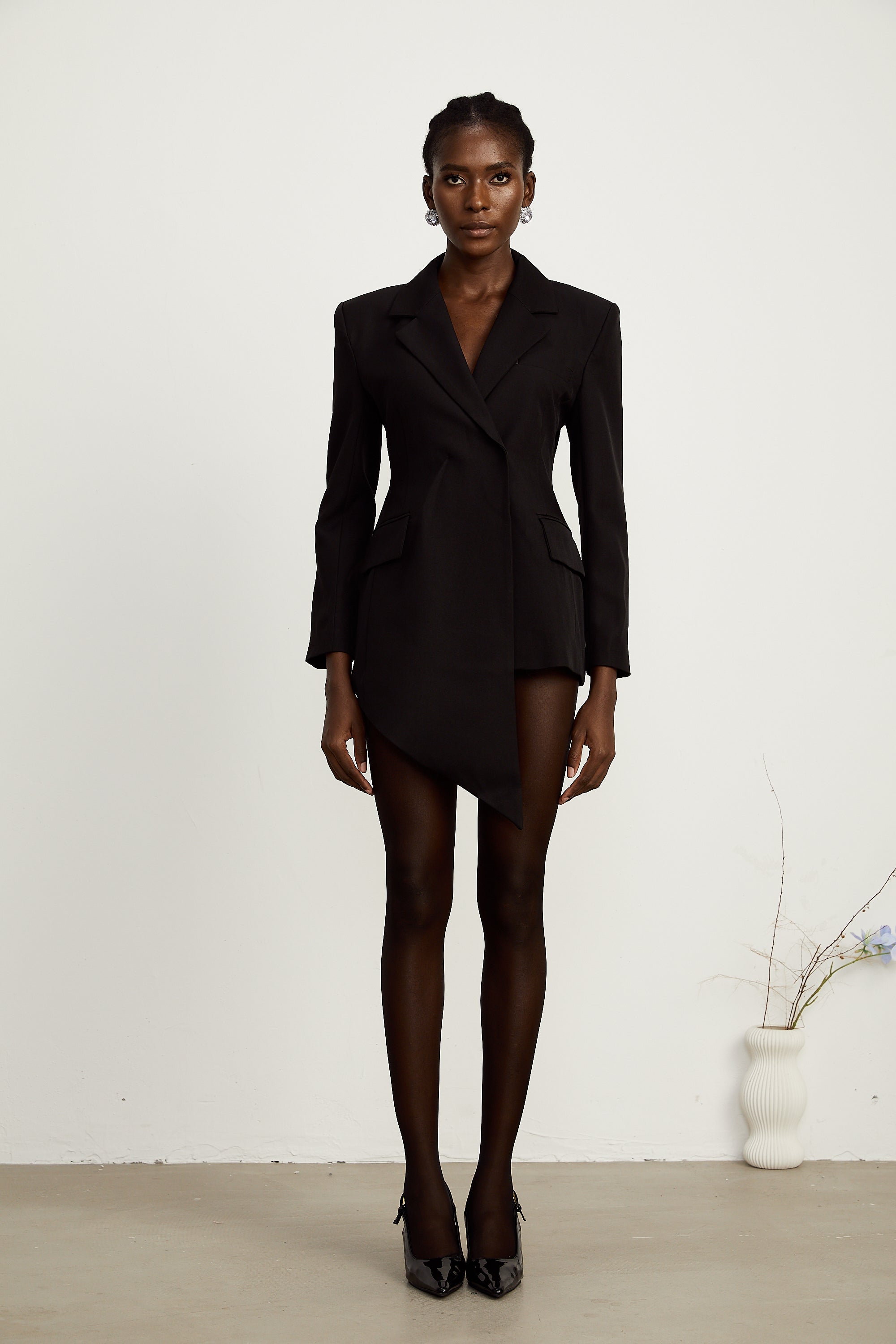 Halley black asymmetrical waist-cinching blazer