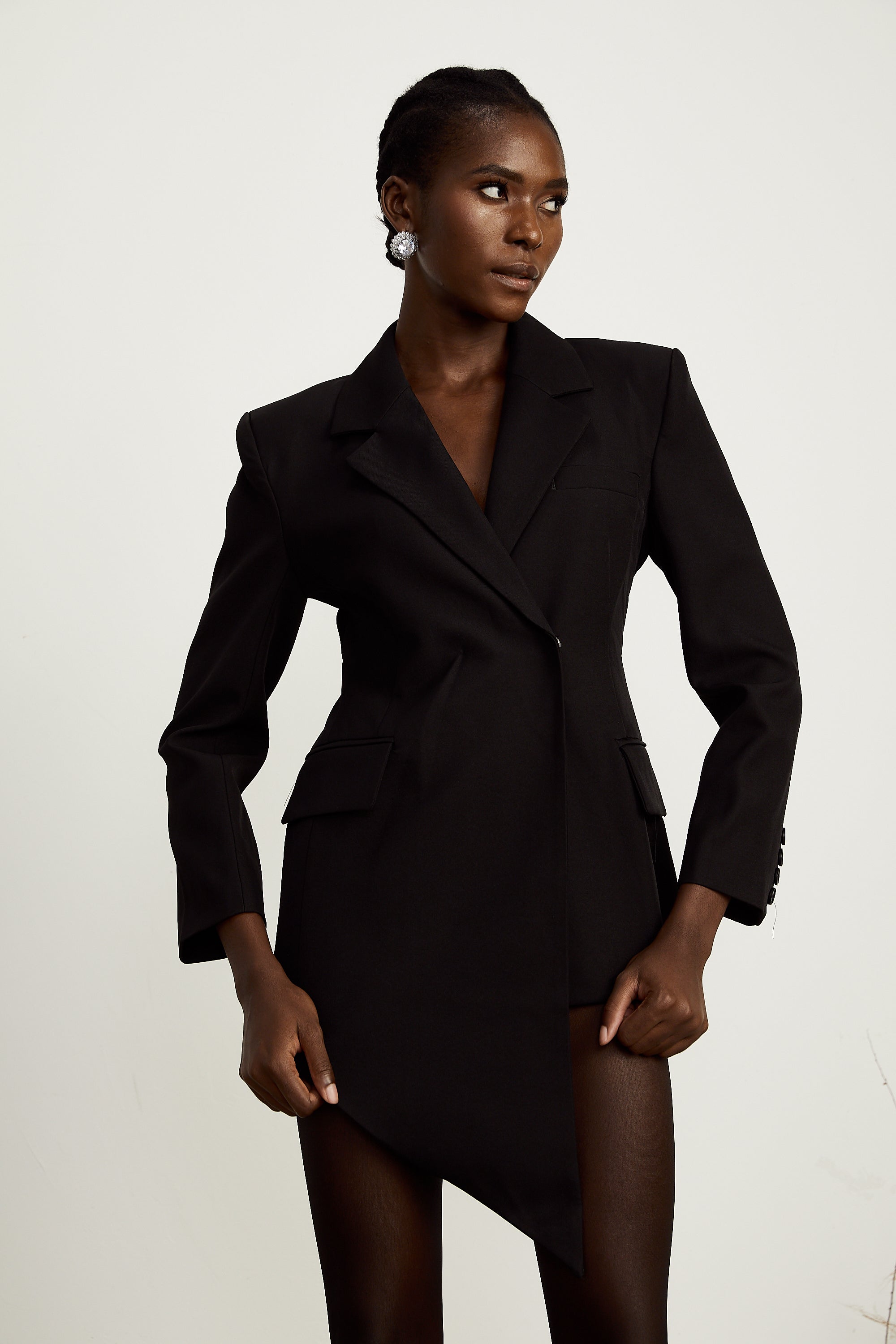 Halley black asymmetrical waist-cinching blazer
