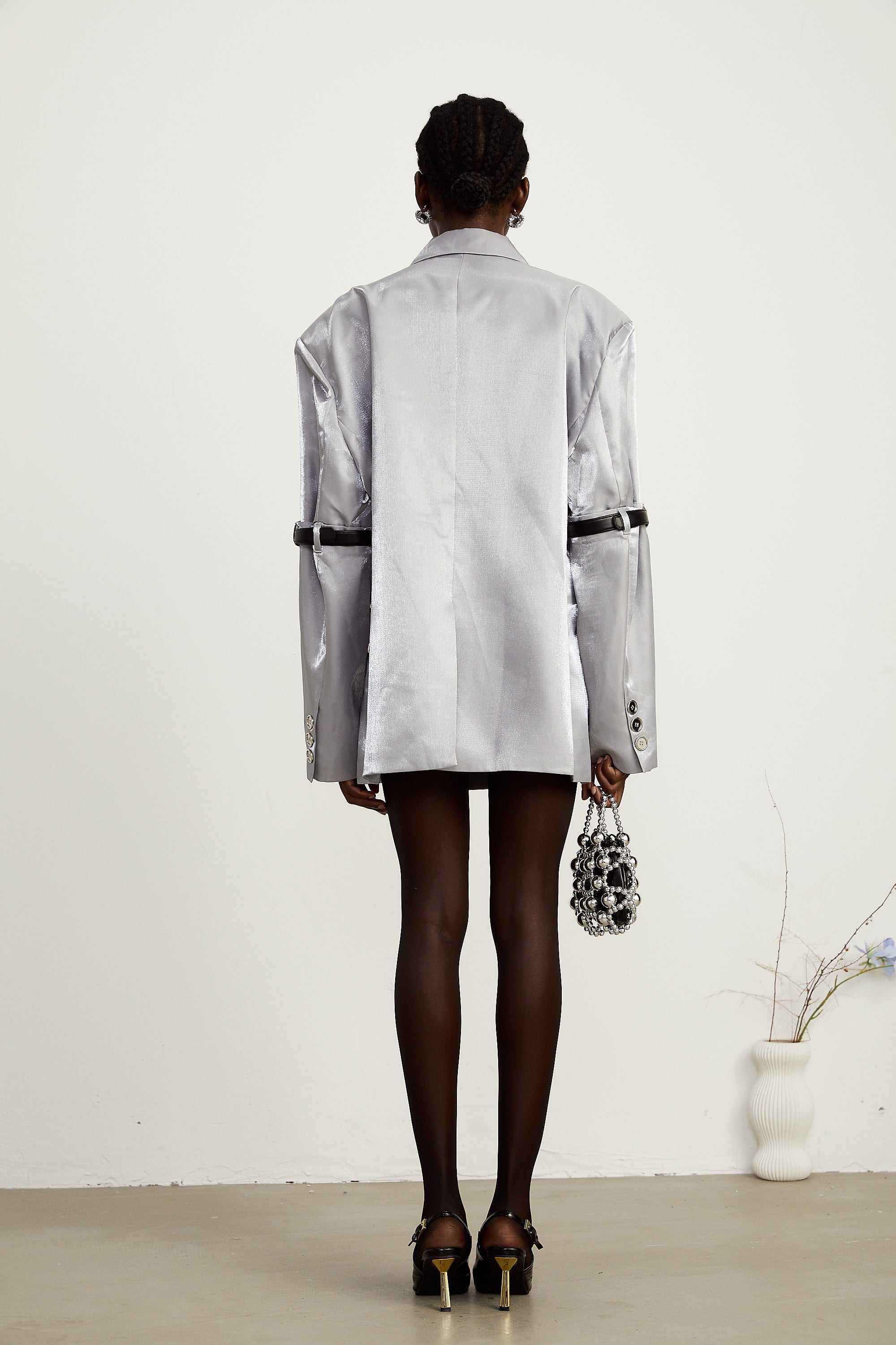 Gabrielle grey belted-arm metallic blazer