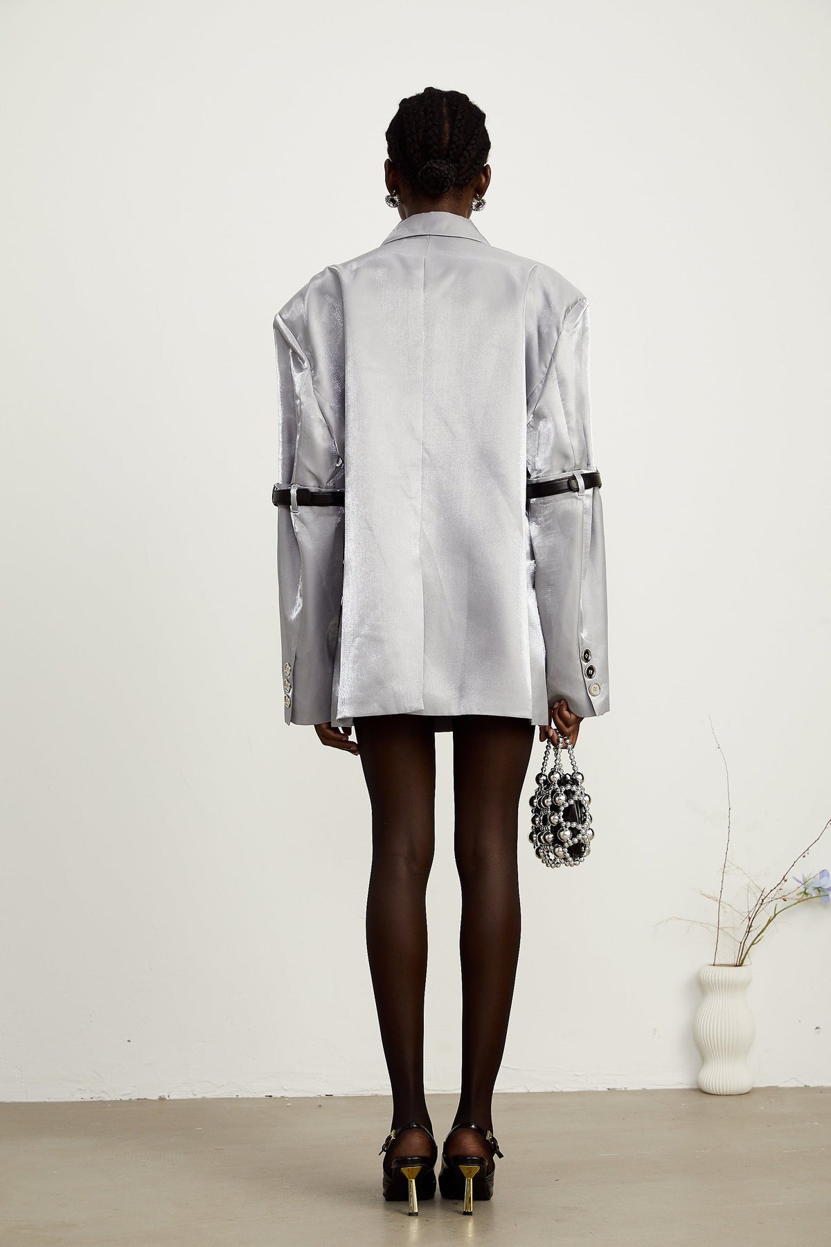 Gabrielle grey belted-arm metallic blazer