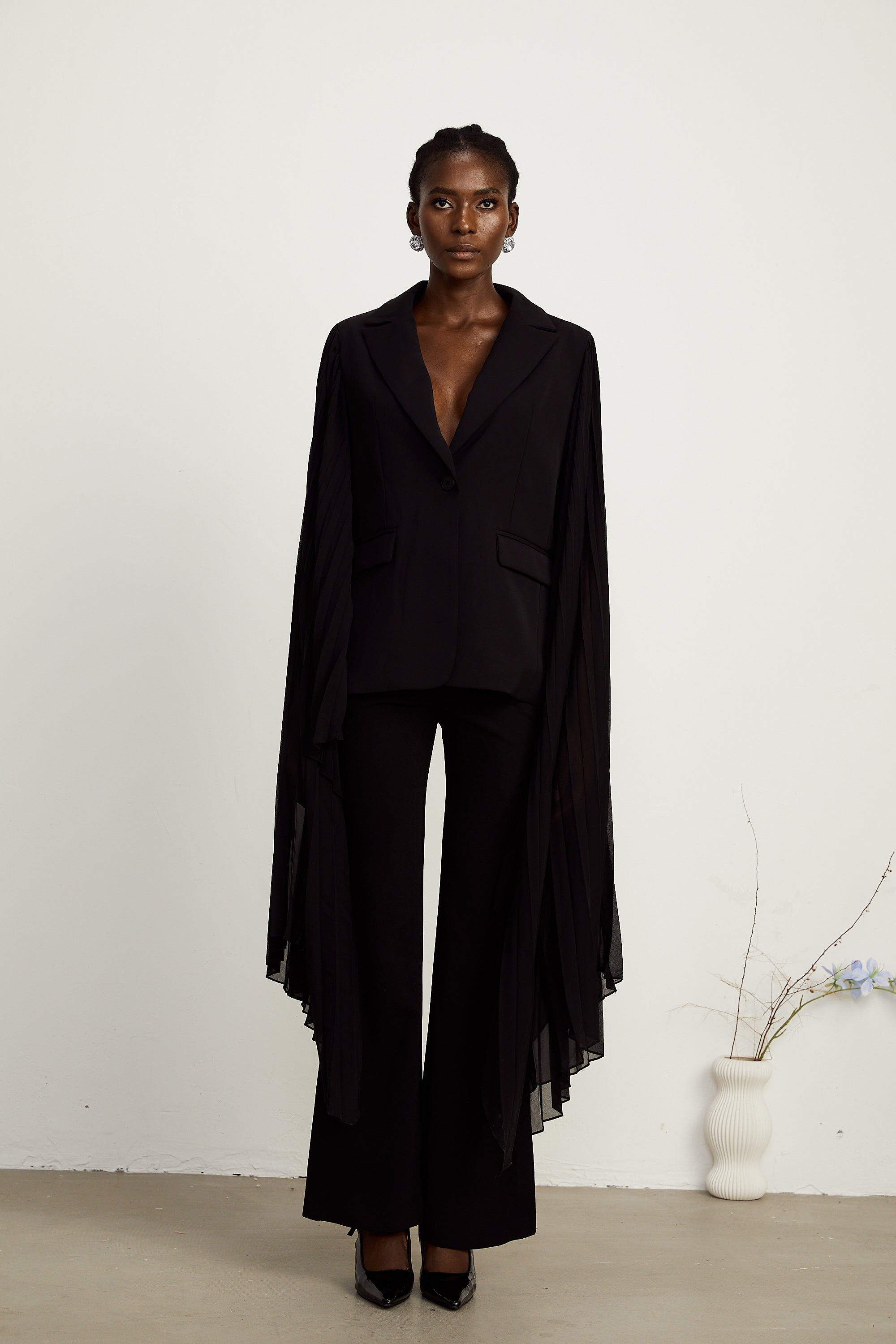 Justine black tulle-panel flared-sleeve blazer (Final Sale-US Only)